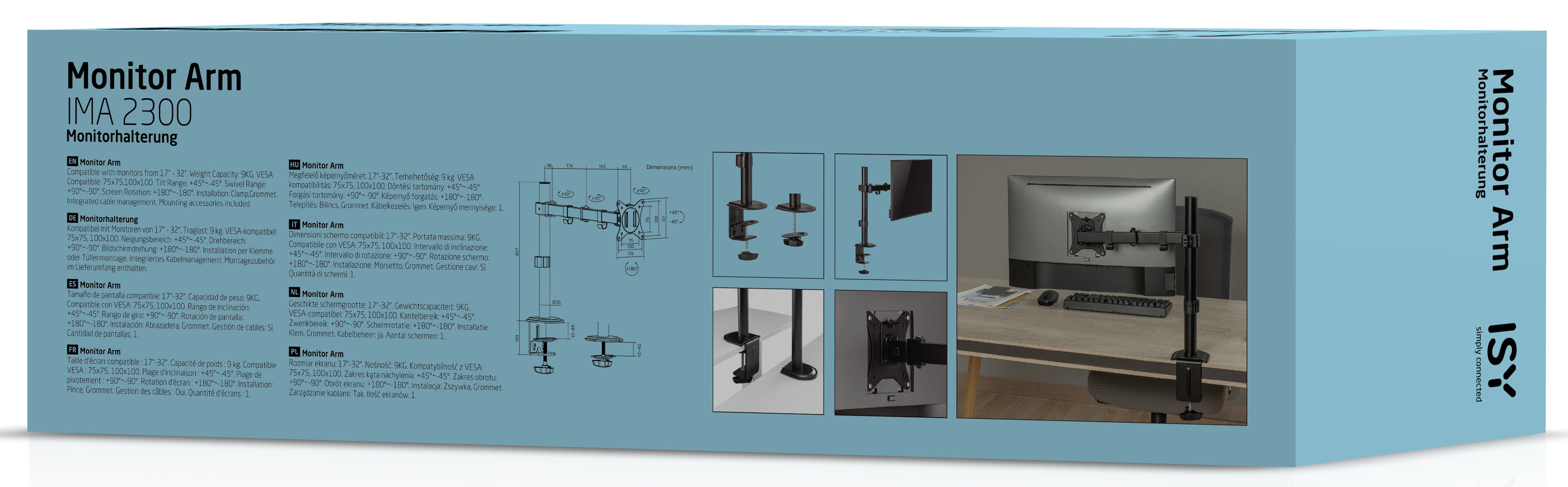 Kartondoboz monitor kar diagramokkal. A szöveg Monitor Arm és ISY.