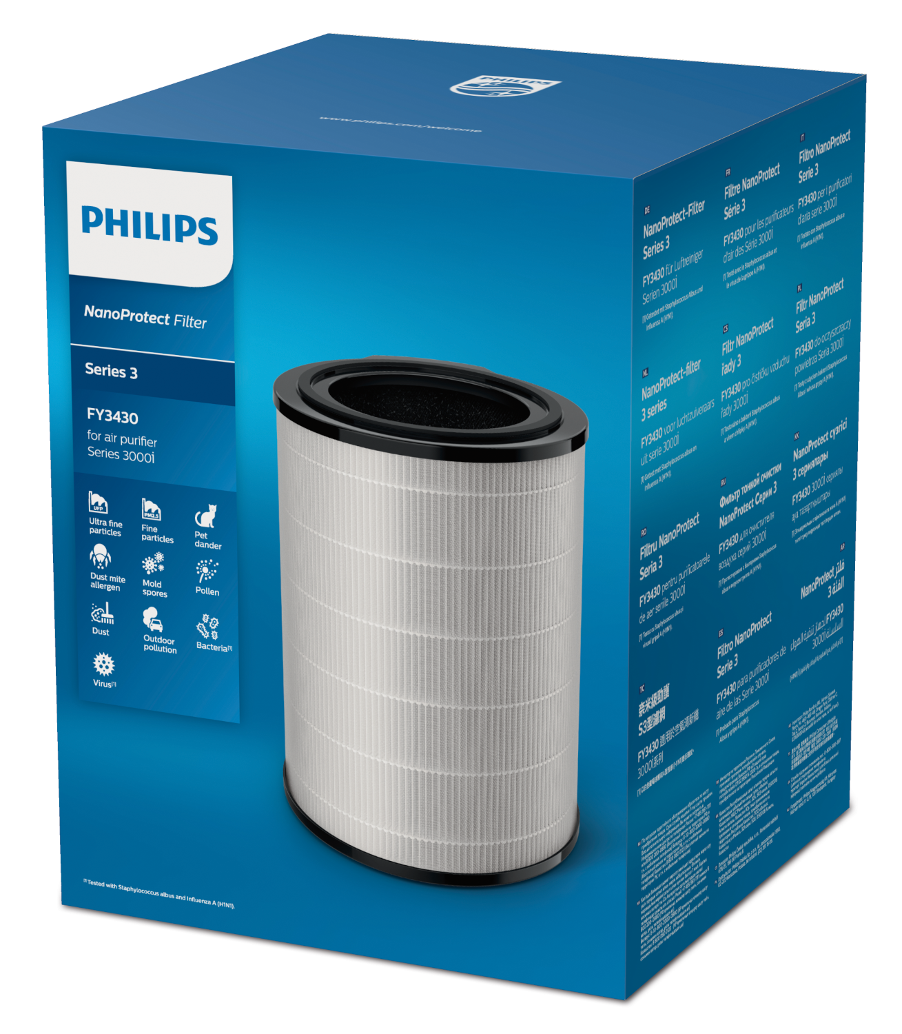 Levegőszűrő doboz, fehér és kék, "Philips NanoProtect Filter Series 3" felirattal, benne szűrővel és szöveggel.