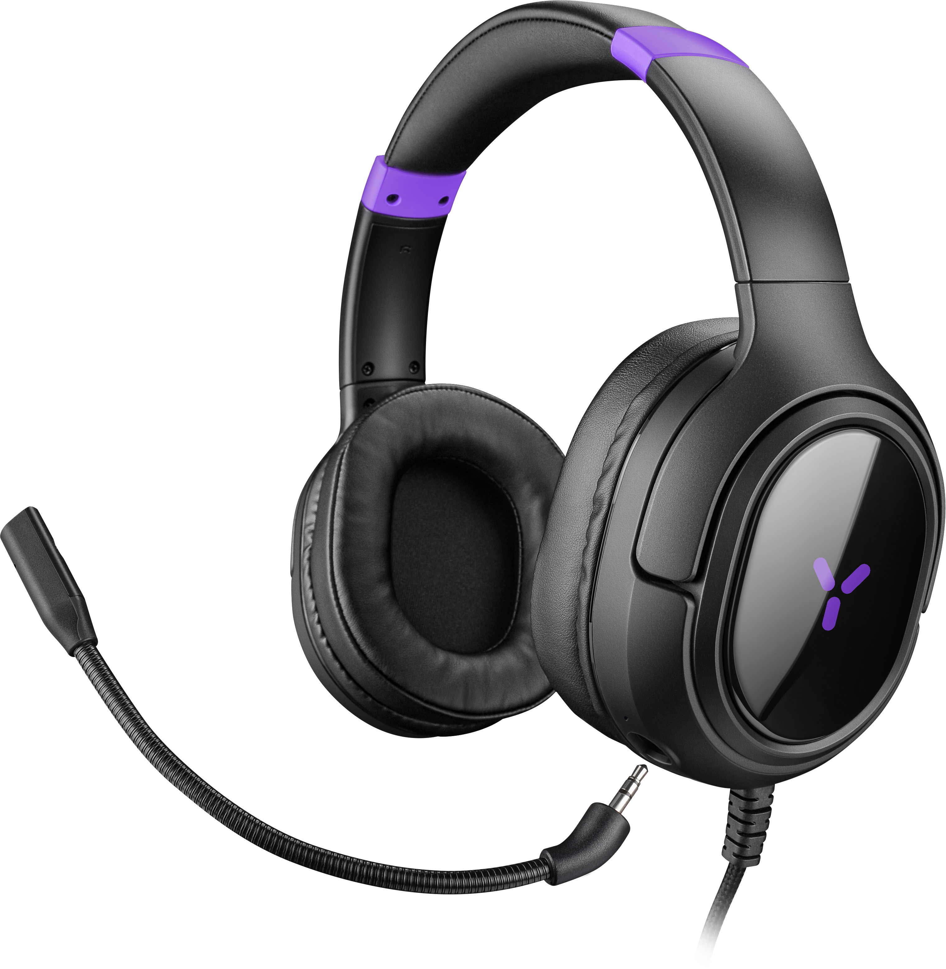 Fekete-lila gamer headset mikrofonnal. A bal fülkagylón lila logó található.