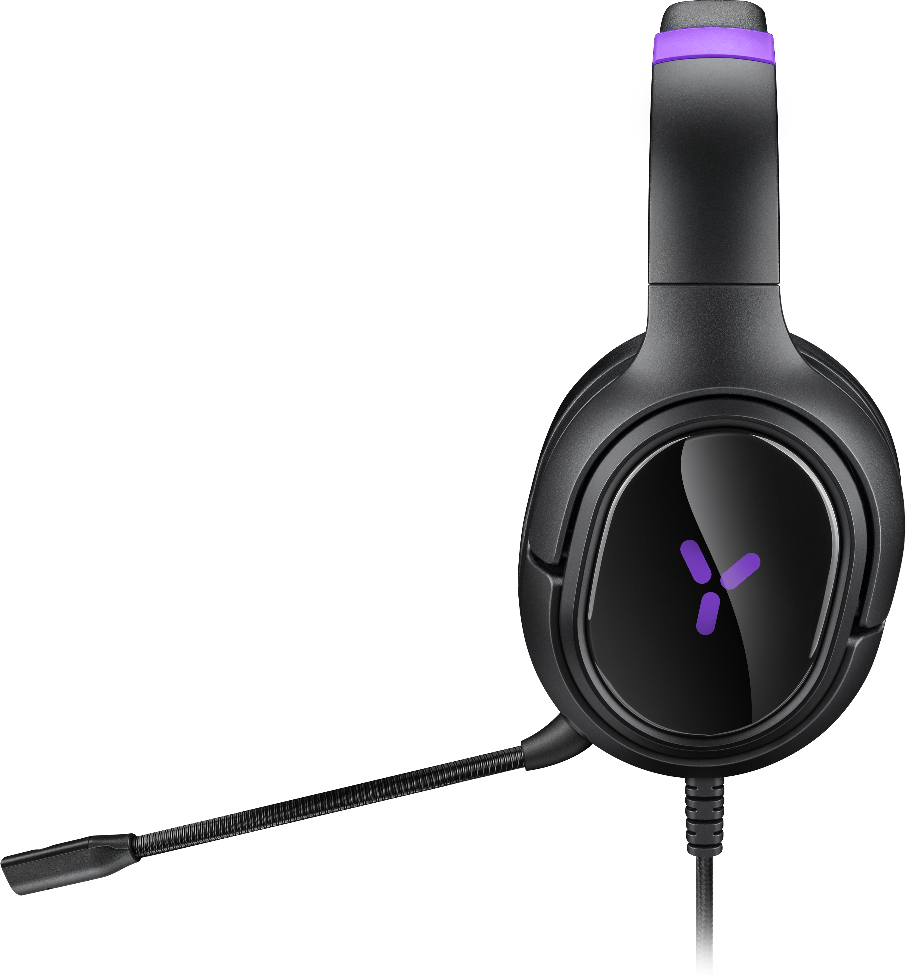 Fekete-lila gaming headset mikrofonnal, fekete háttérben.