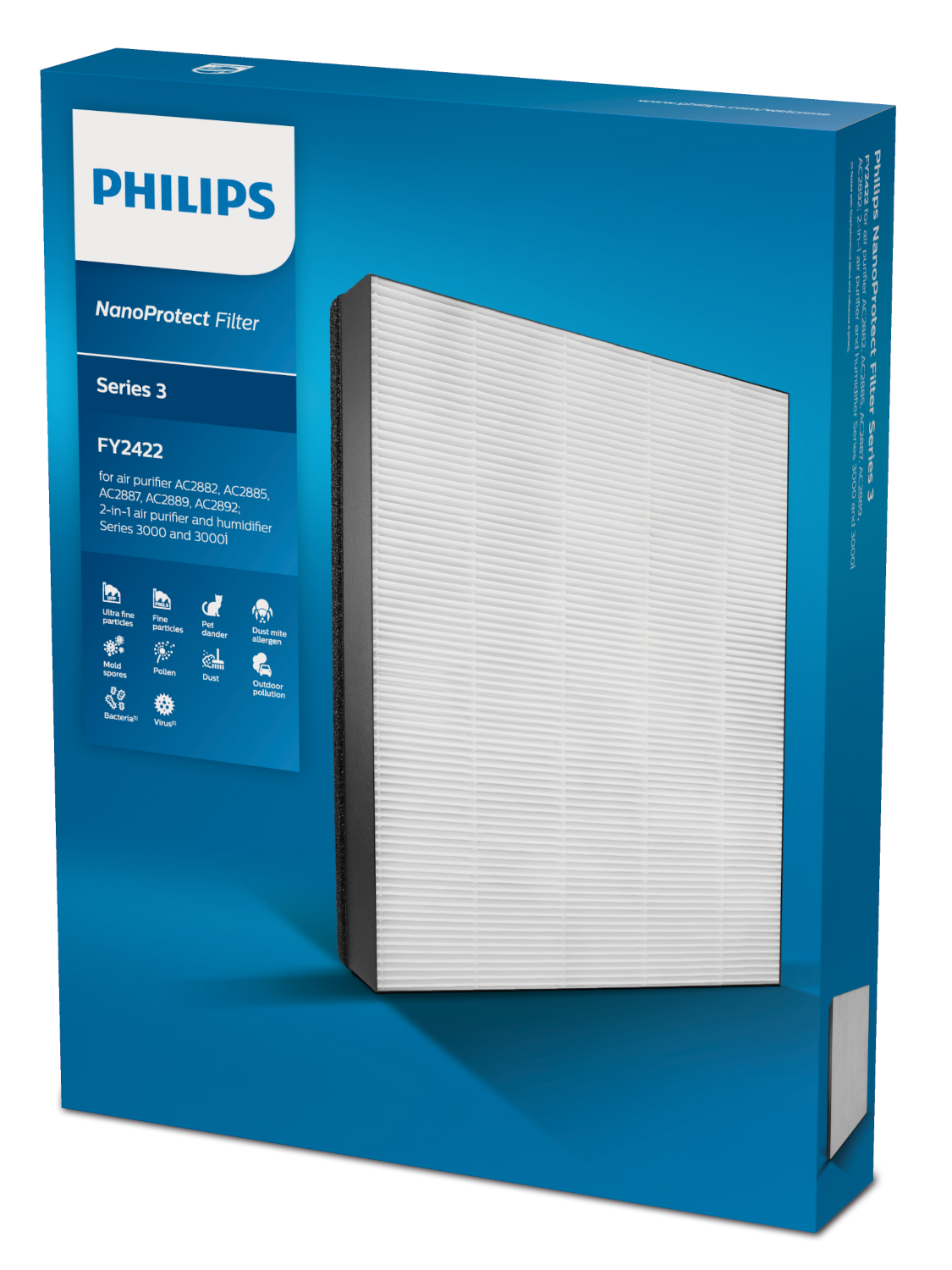 Philips légtisztító doboz. Az előlapon a szűrő és a funkciók láthatók.