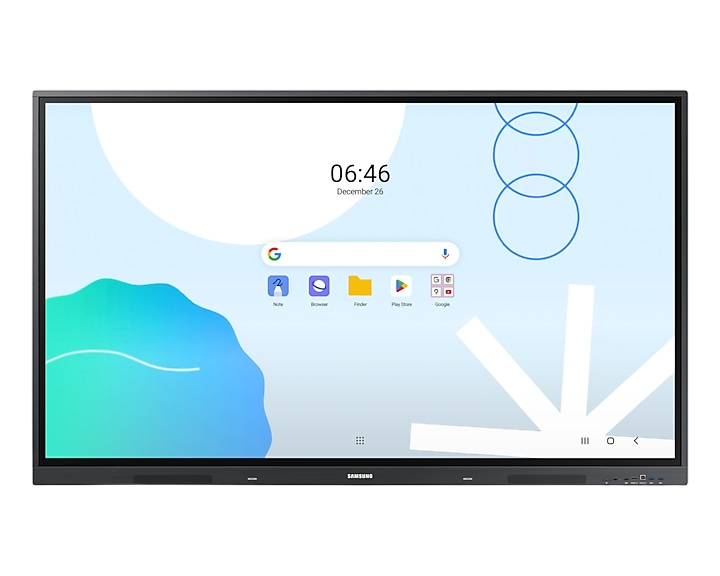 Großes interaktives Display, hellblauer Hintergrund, Google-Symbole und Zeit.