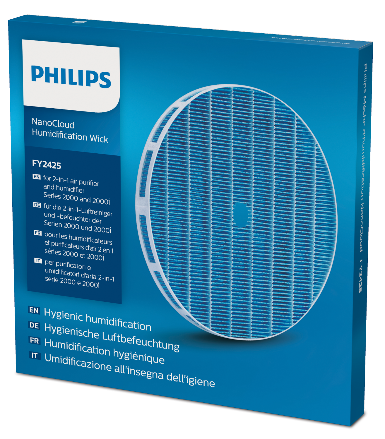 Kék-fehér doboz szűrővel. A dobozon a Philips NanoCloud Humidification Wick FY2425 felirat látható.