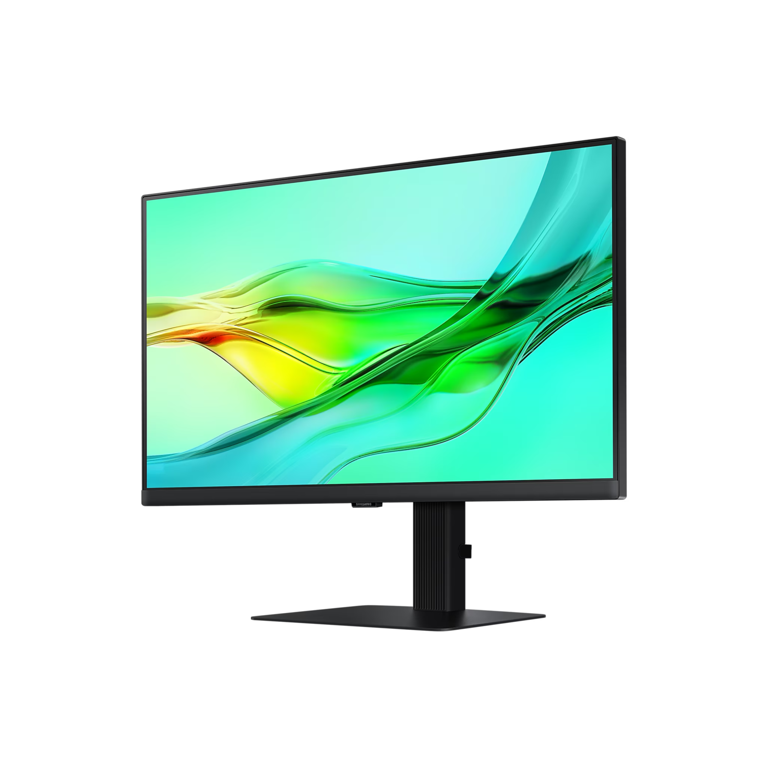 Black monitor with a colorful screen against a black backdrop. The monitor is angled.