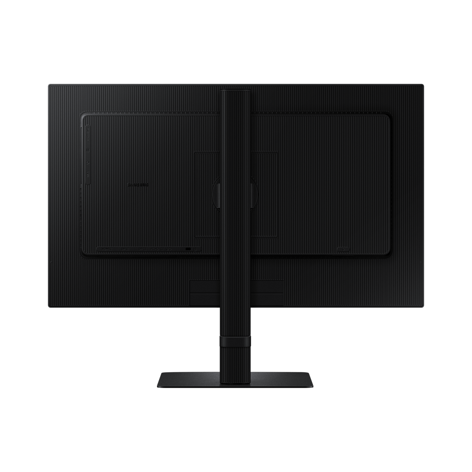 Rear view of a black monitor with a central stand.