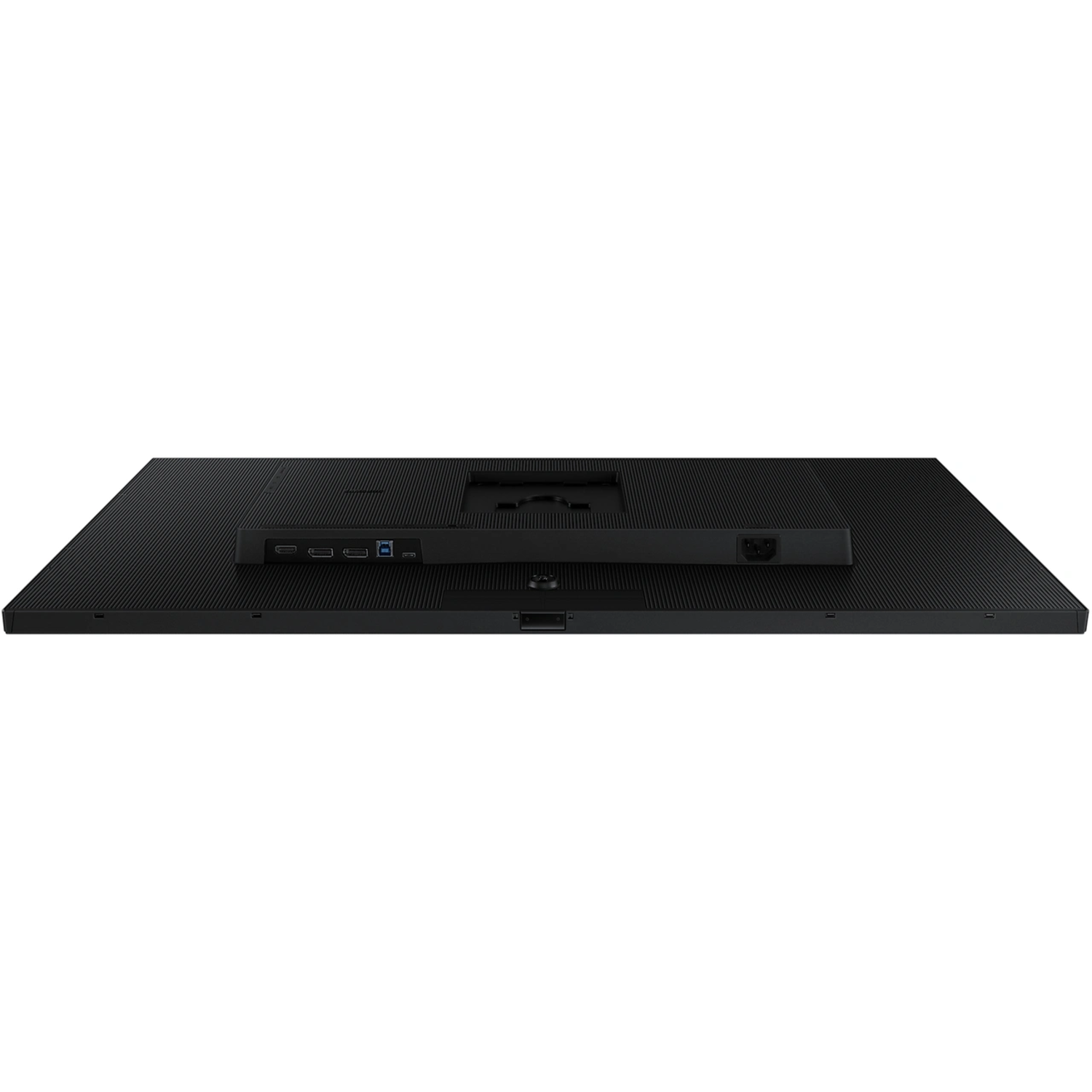 Back of a black computer monitor showing ports and connections.