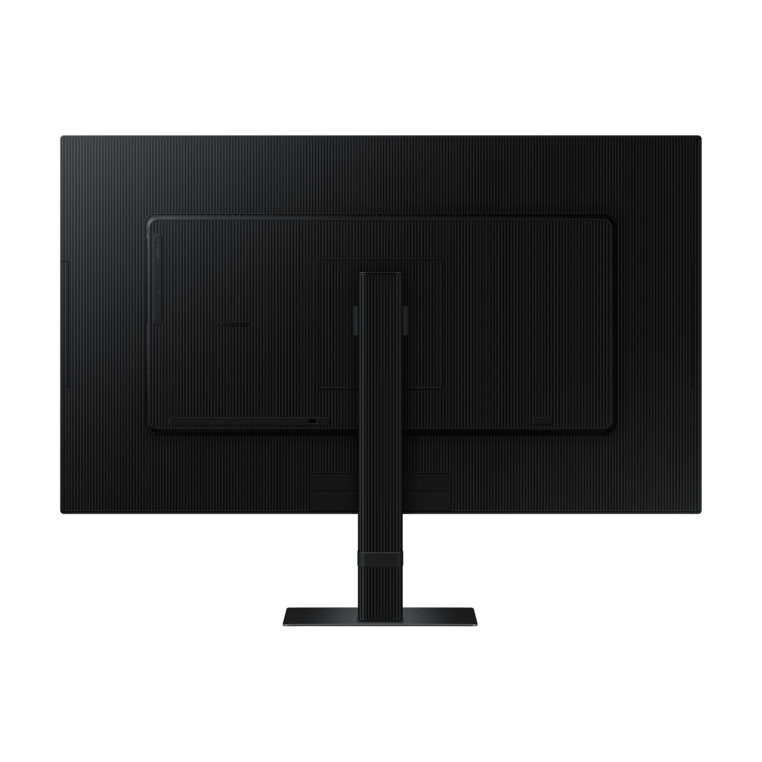 Back view of a black monitor with a stand. The screen has a textured pattern. The base is black.
