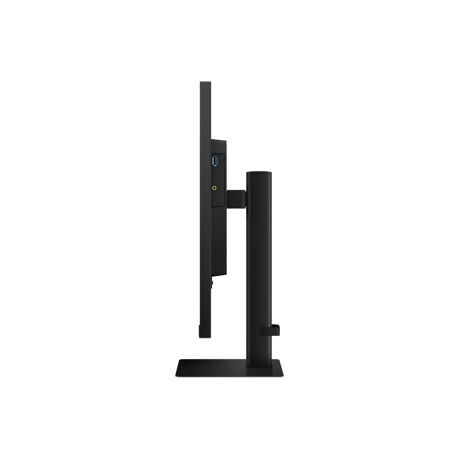 A side view of a black monitor. The monitor is on a stand and has a few ports.