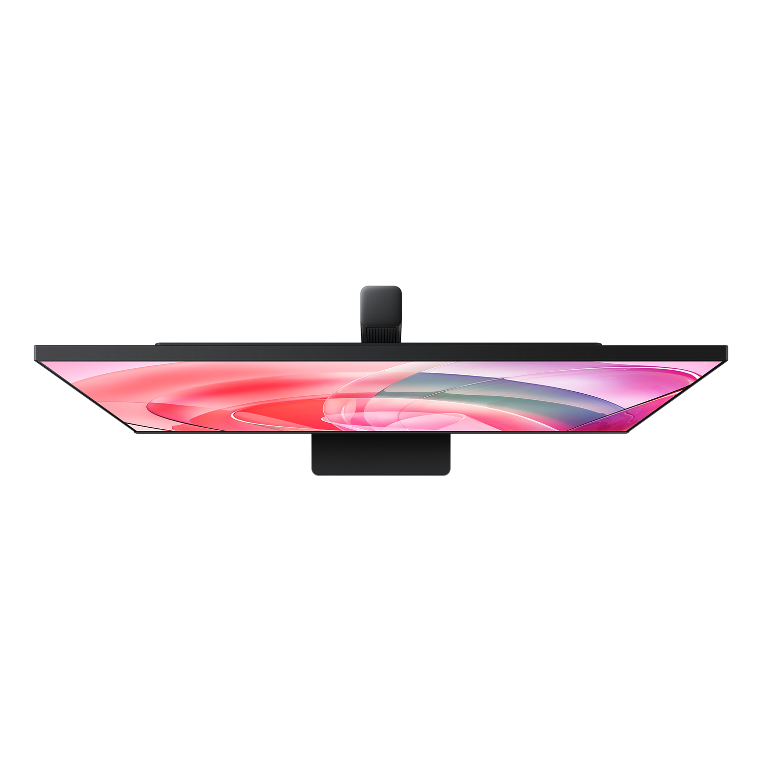 Overhead view of a computer monitor with a curved screen displaying abstract artwork.
