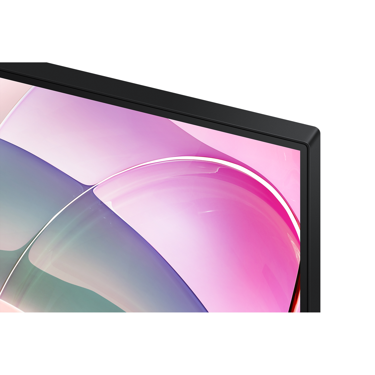 Close-up of a black monitor's corner, showing a colorful, curved screen.