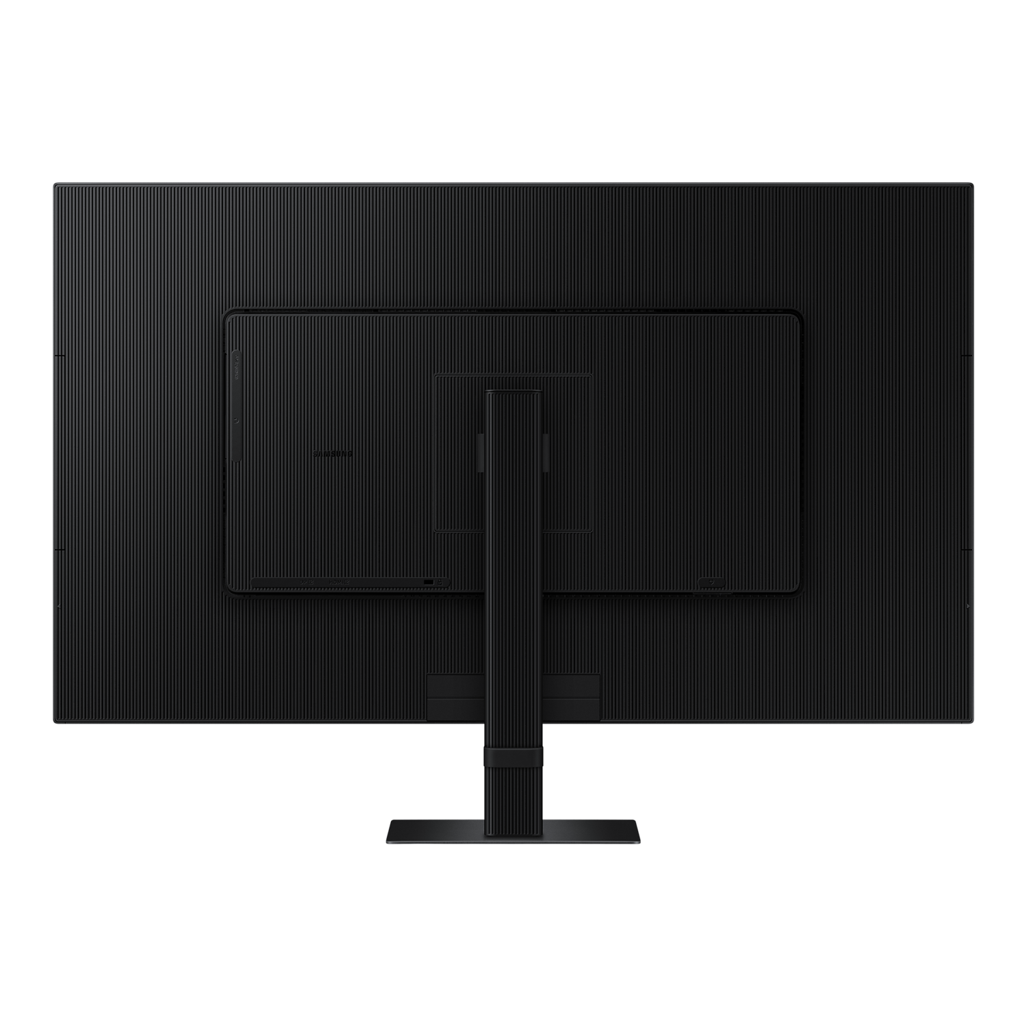 Back view of a black monitor with a stand. The screen has a textured pattern. The base is black.