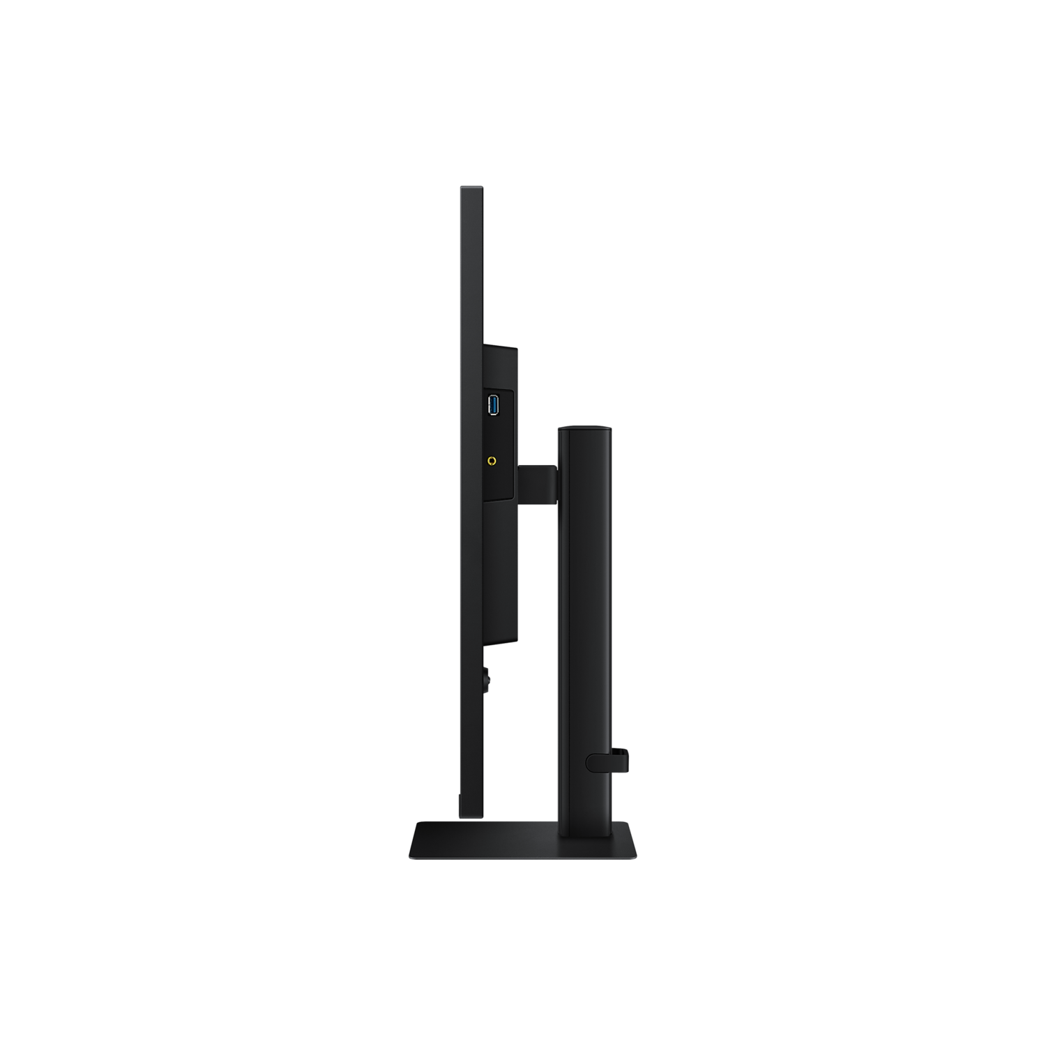 Black computer monitor viewed from the side against a black background.