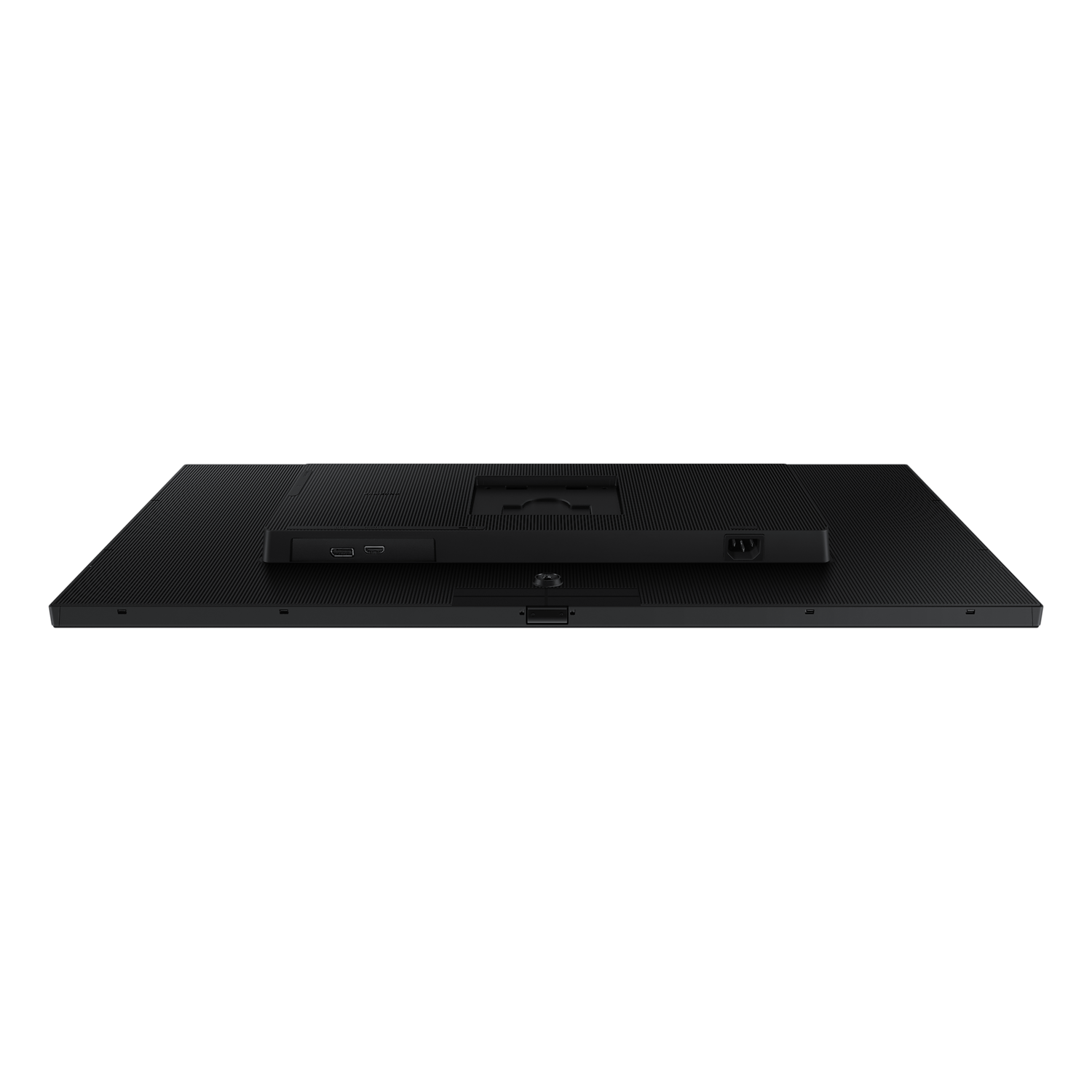 Black computer monitor back. Shows ports and a central stand mount.
