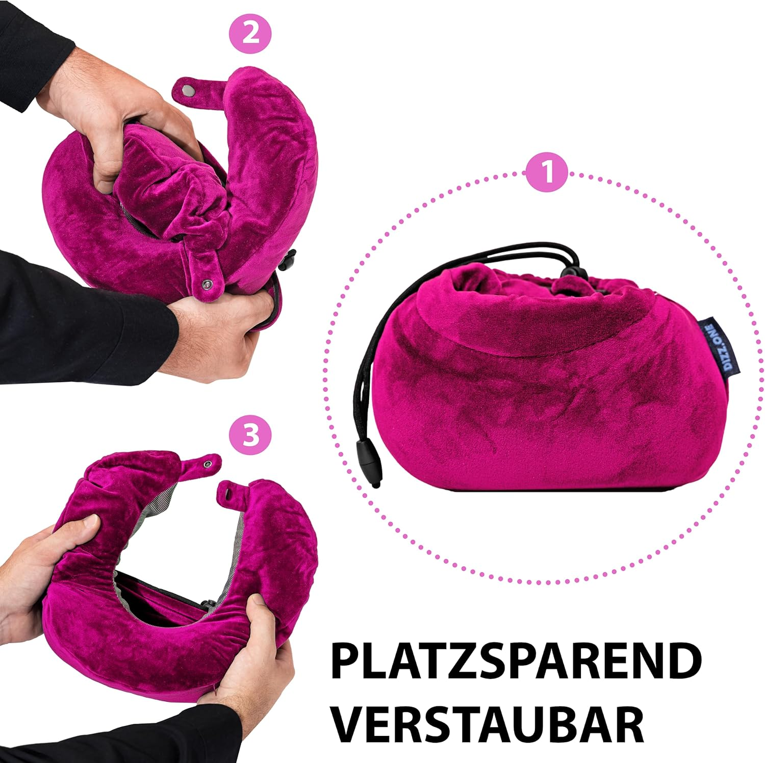 Tre fasi di un cuscino da viaggio rosa che viene riposto in una borsa, con testo sotto.