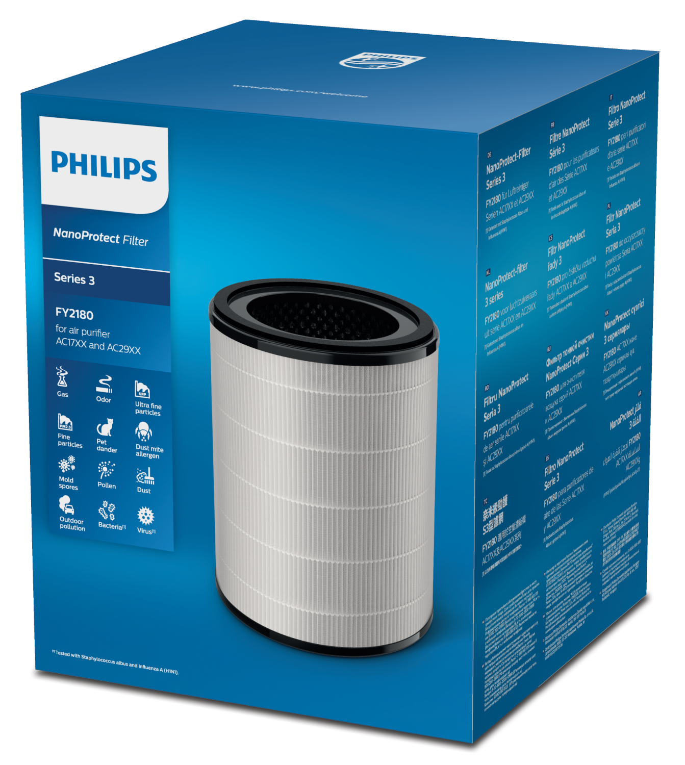 Fehér és kék doboz, levegőtisztítóhoz való szűrővel, Philips felirattal.