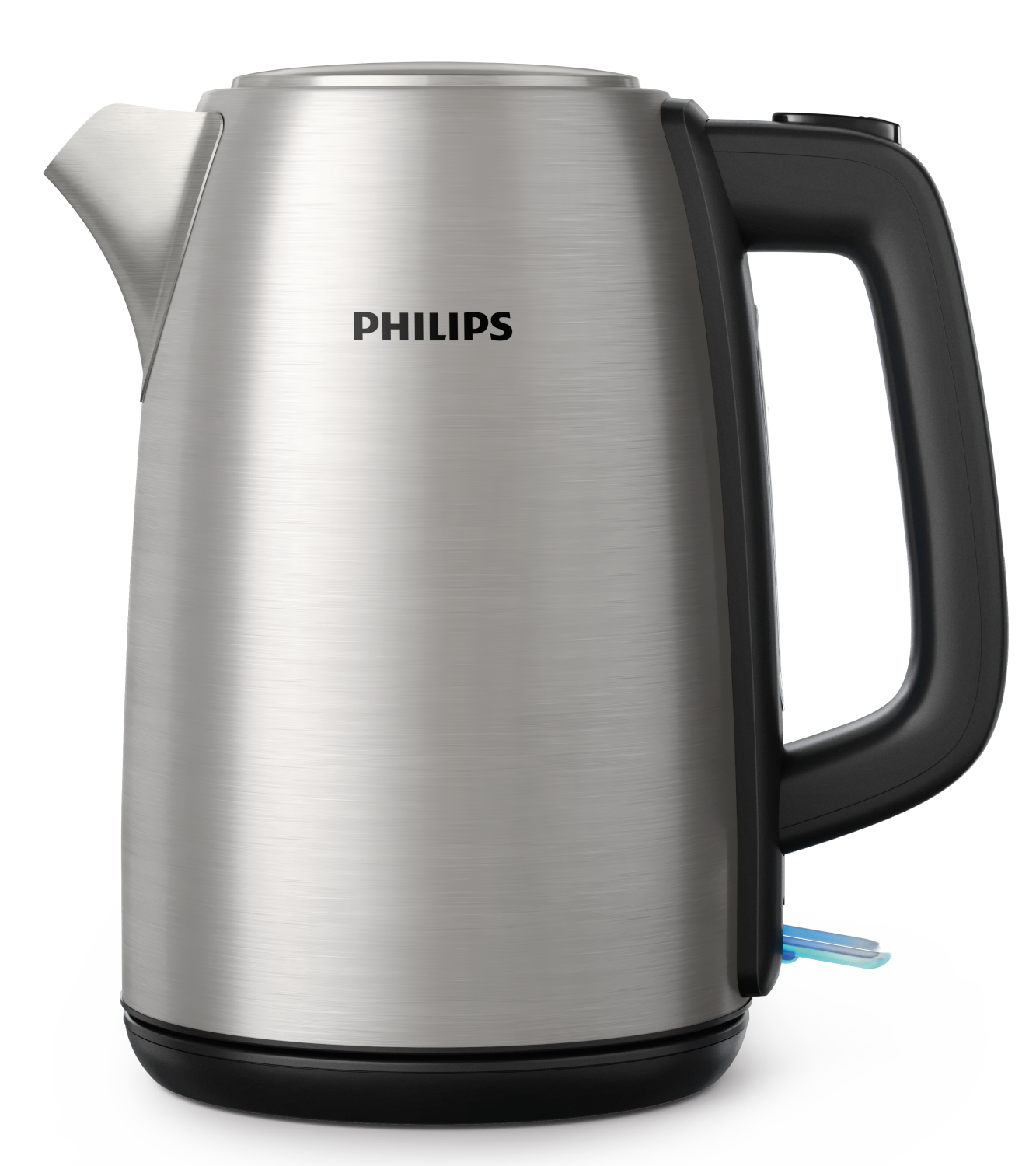 Egy rozsdamentes acél Philips vízforraló fekete fogantyúval és kék fénnyel az alján.