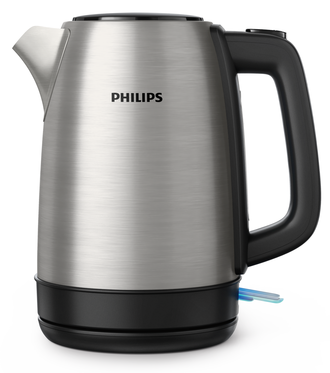 Egy ezüst Philips vízforraló fekete fogantyúval.