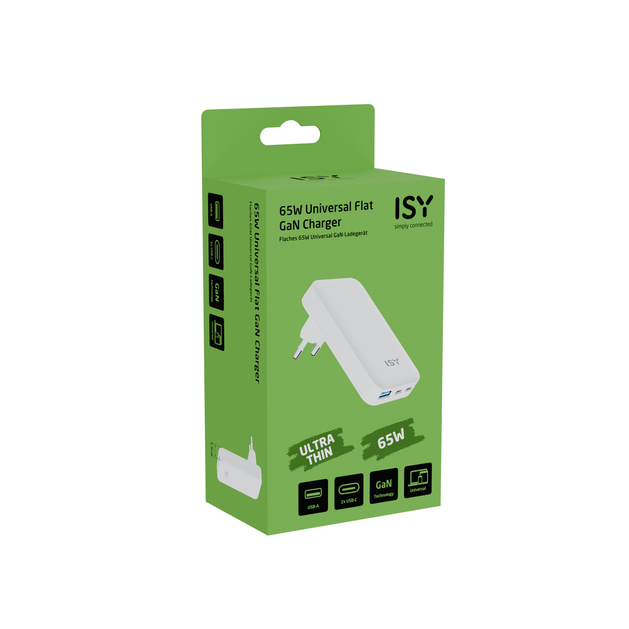 Eine grüne ISY 65W Universal Flat GaN Charger Box mit einem weißen Ladegerät darin.