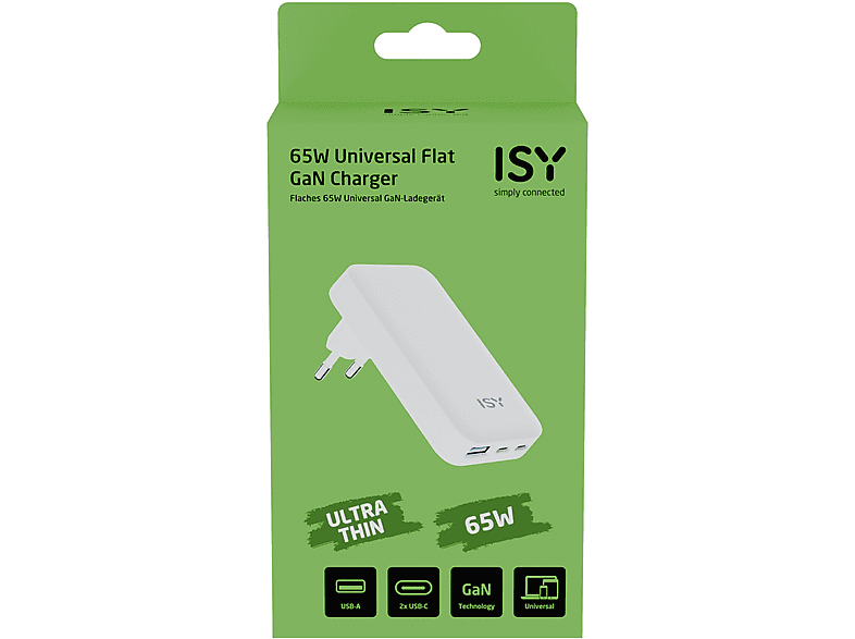 Thumbnail - ISY IAC-6065 Flaches 65W GaN Ladegerät Universal, Weiß