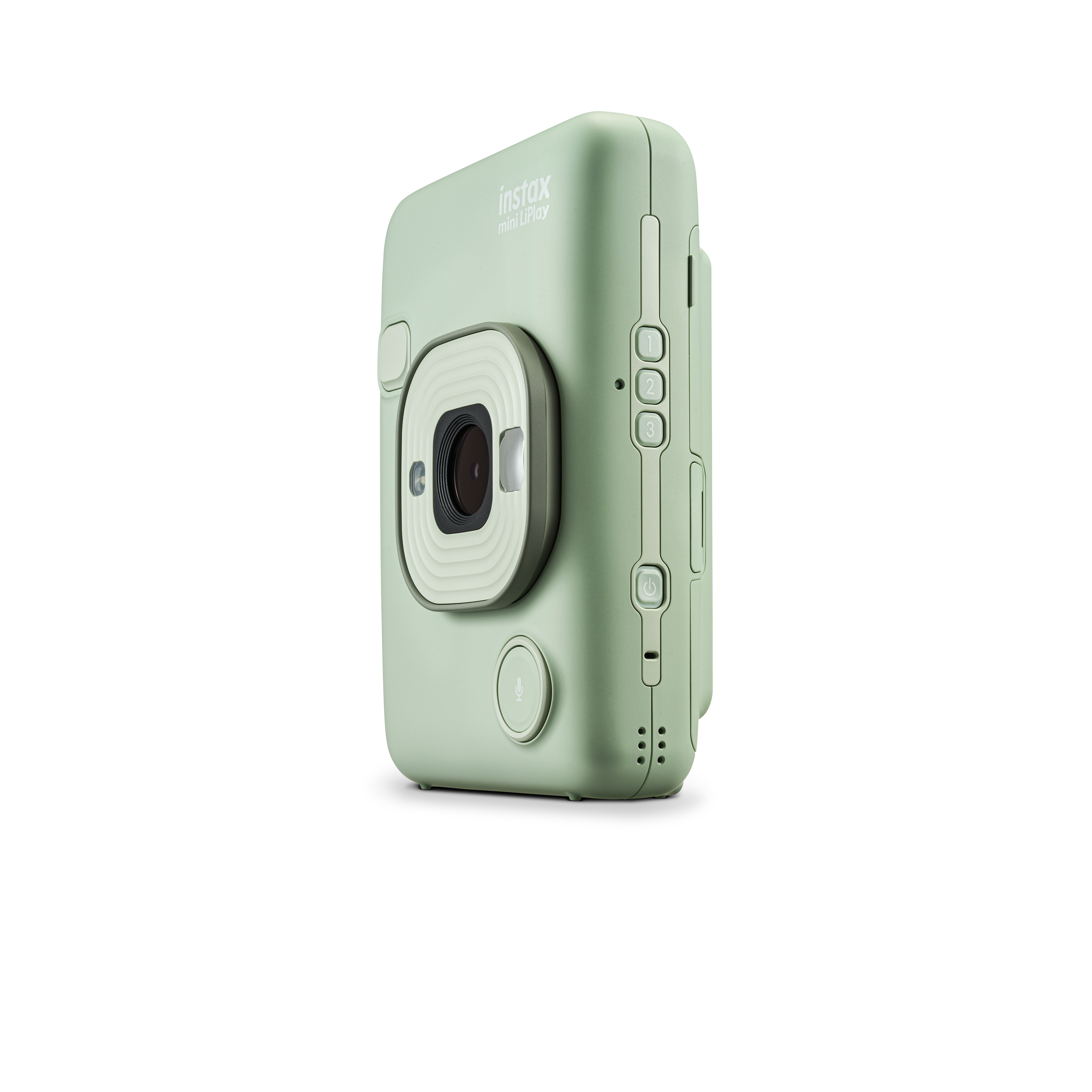 Minzfarbene Instax Mini Play Kamera, Seitenansicht, freigestellt auf Weiß.
