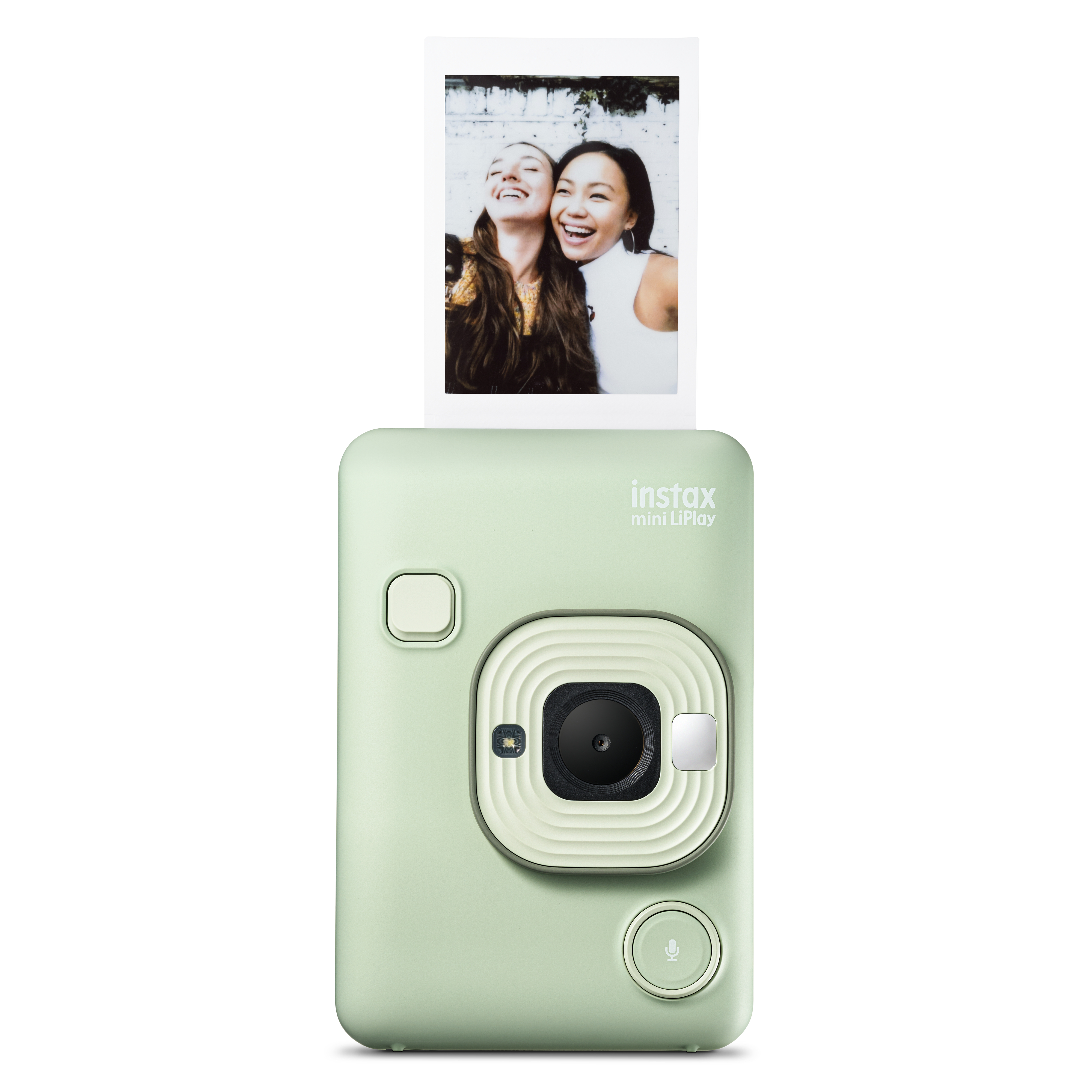 Eine grüne Instax Mini LiPlay Kamera mit einem gedruckten Foto, das zwei lächelnde Frauen zeigt.