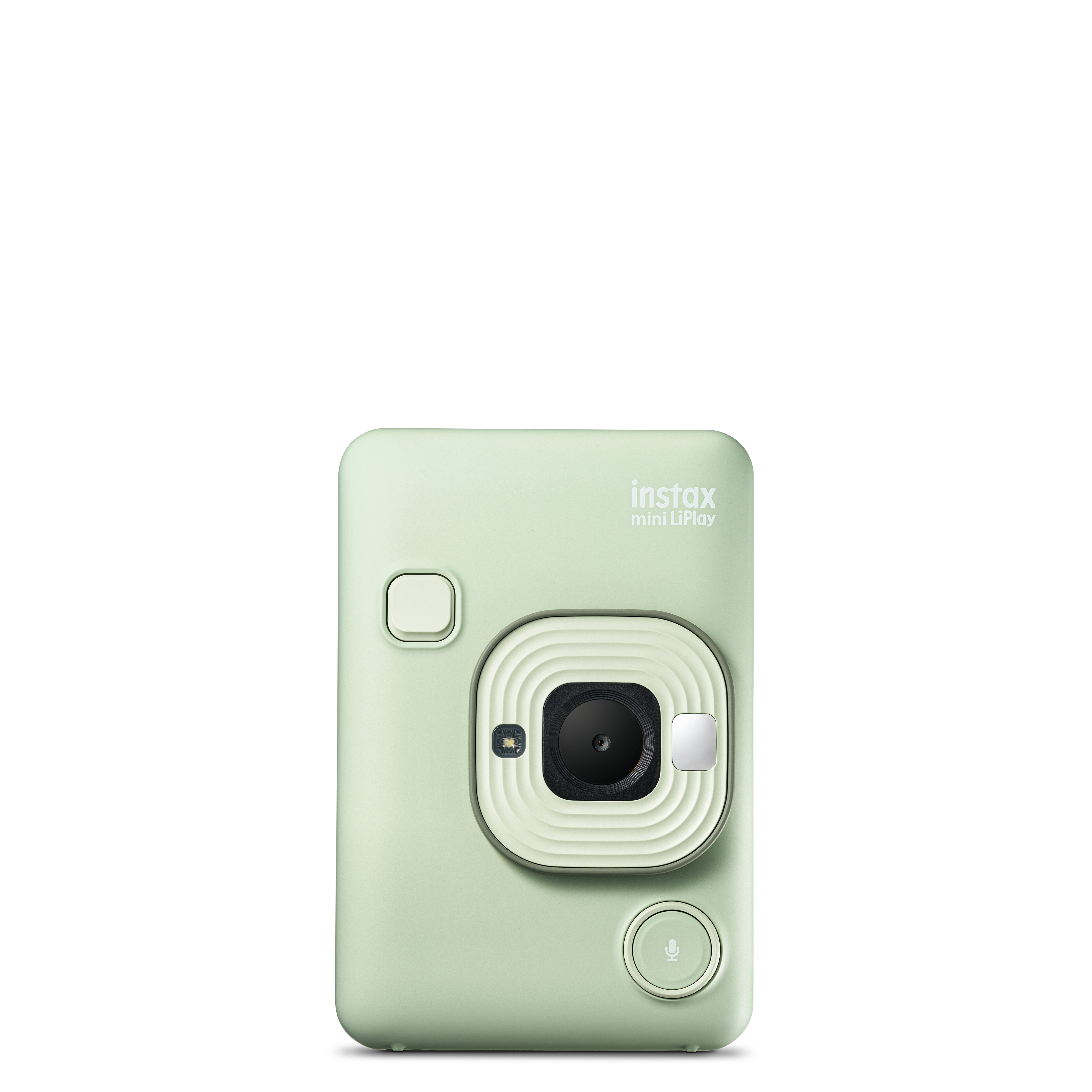 Mintgrüne Instax Mini LiPlay Kamera mit Frontkamera und Mikrofon. Weißer Hintergrund.