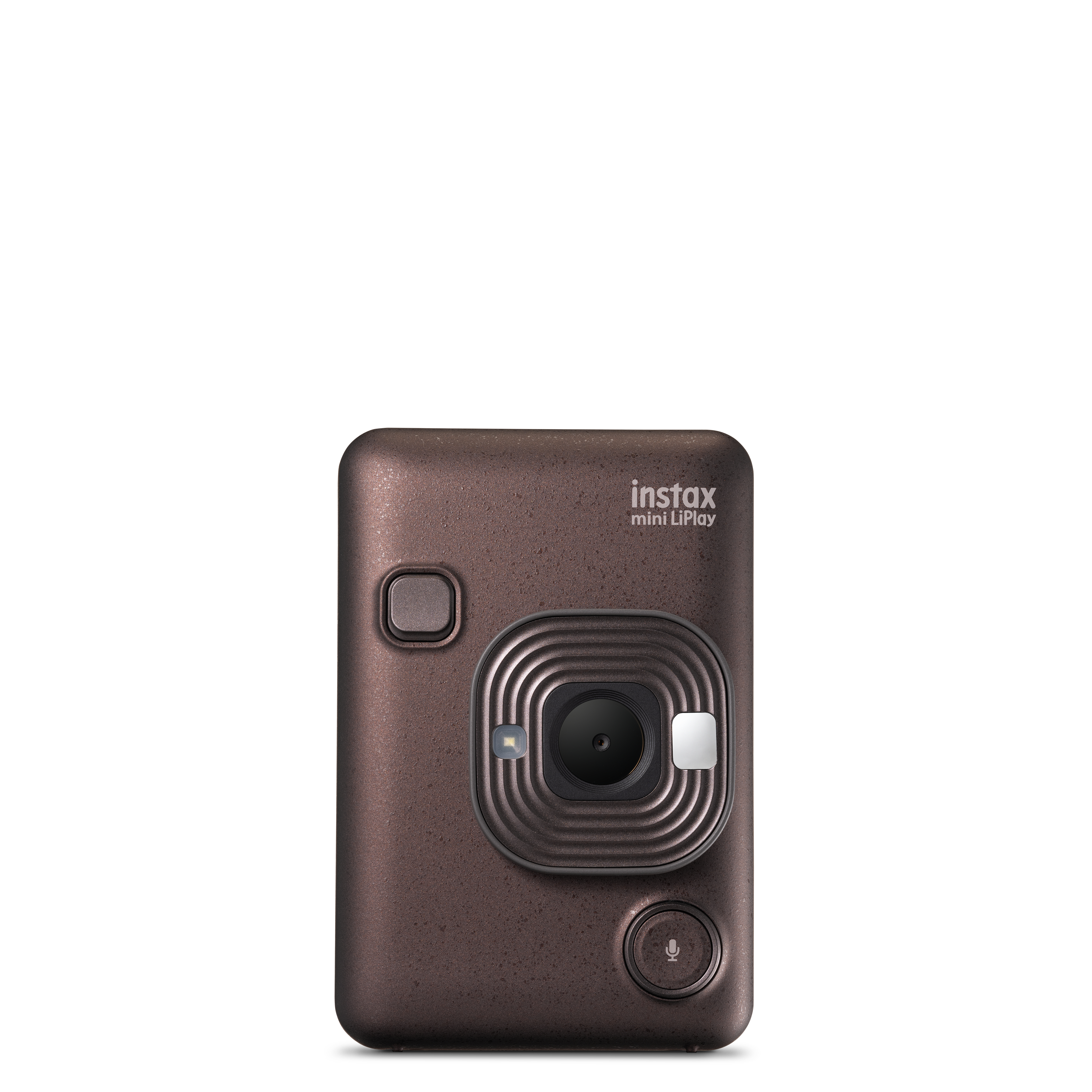 Eine braune Instax Mini LiPlay Kamera, mit Objektiv und Mikrofon.