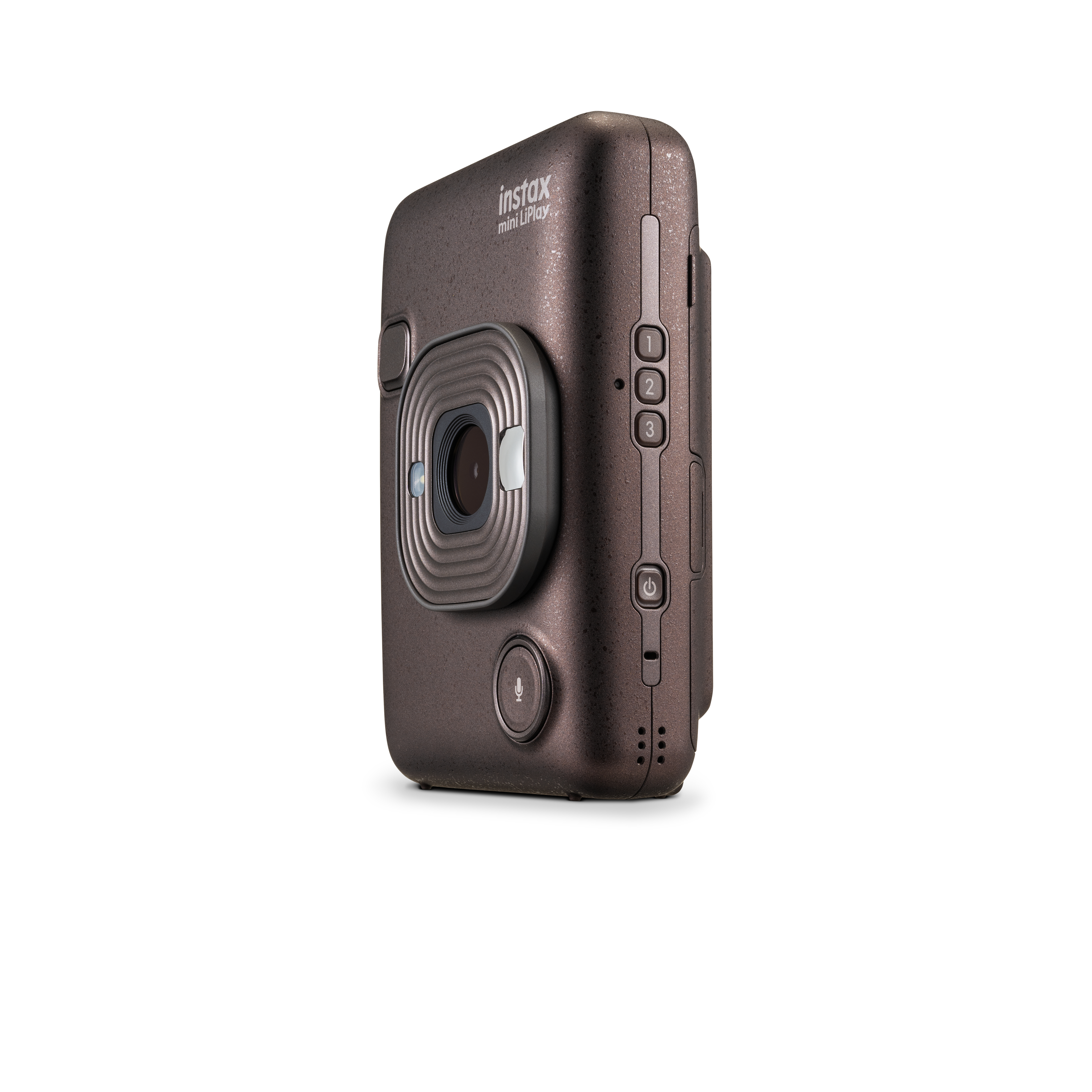 Seitenansicht einer braunen Instax mini LiPlay Kamera, auf weißem Hintergrund.