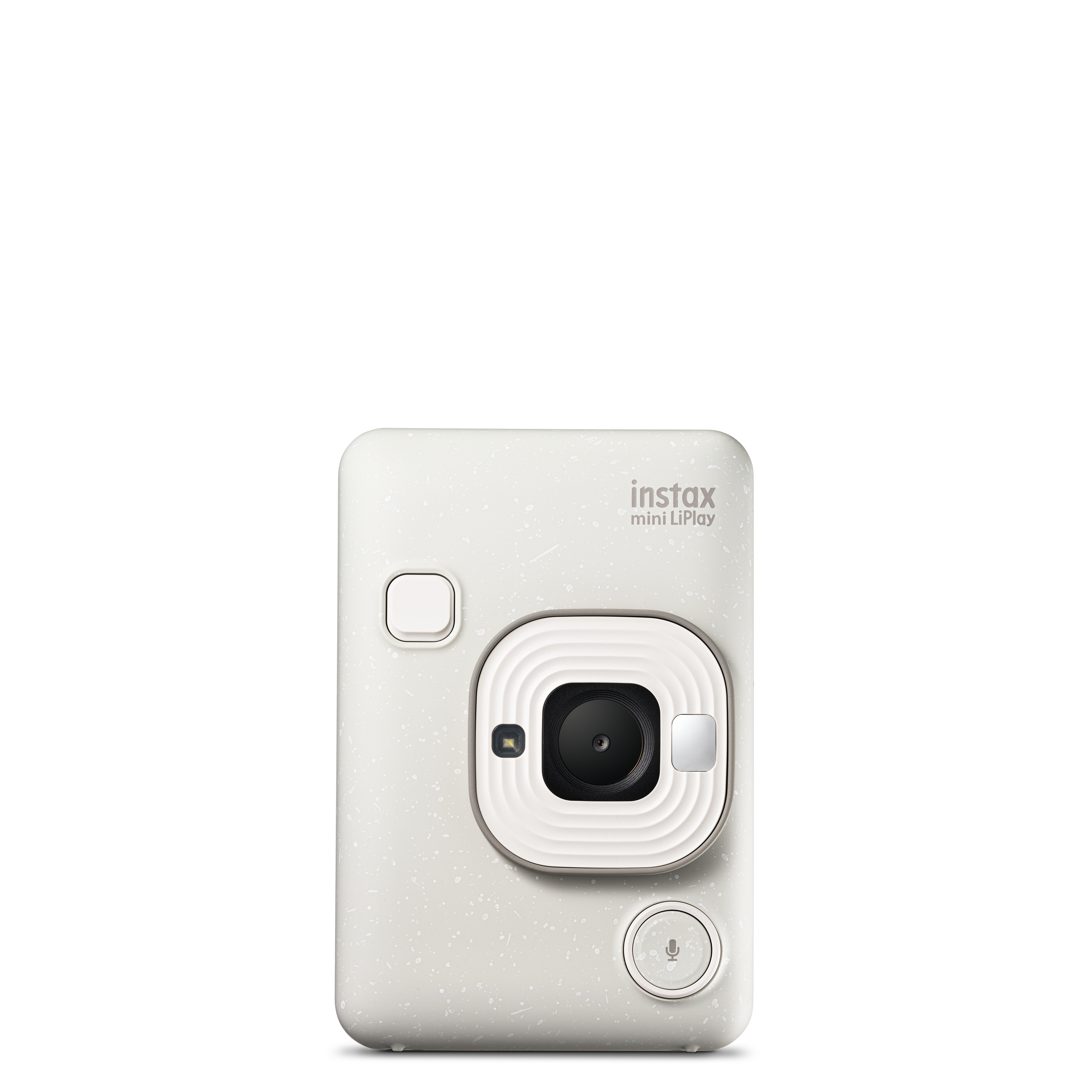 Eine weiße instax mini LiPlay Kamera. Sie hat ein Objektiv und einen Knopf auf der Vorderseite.