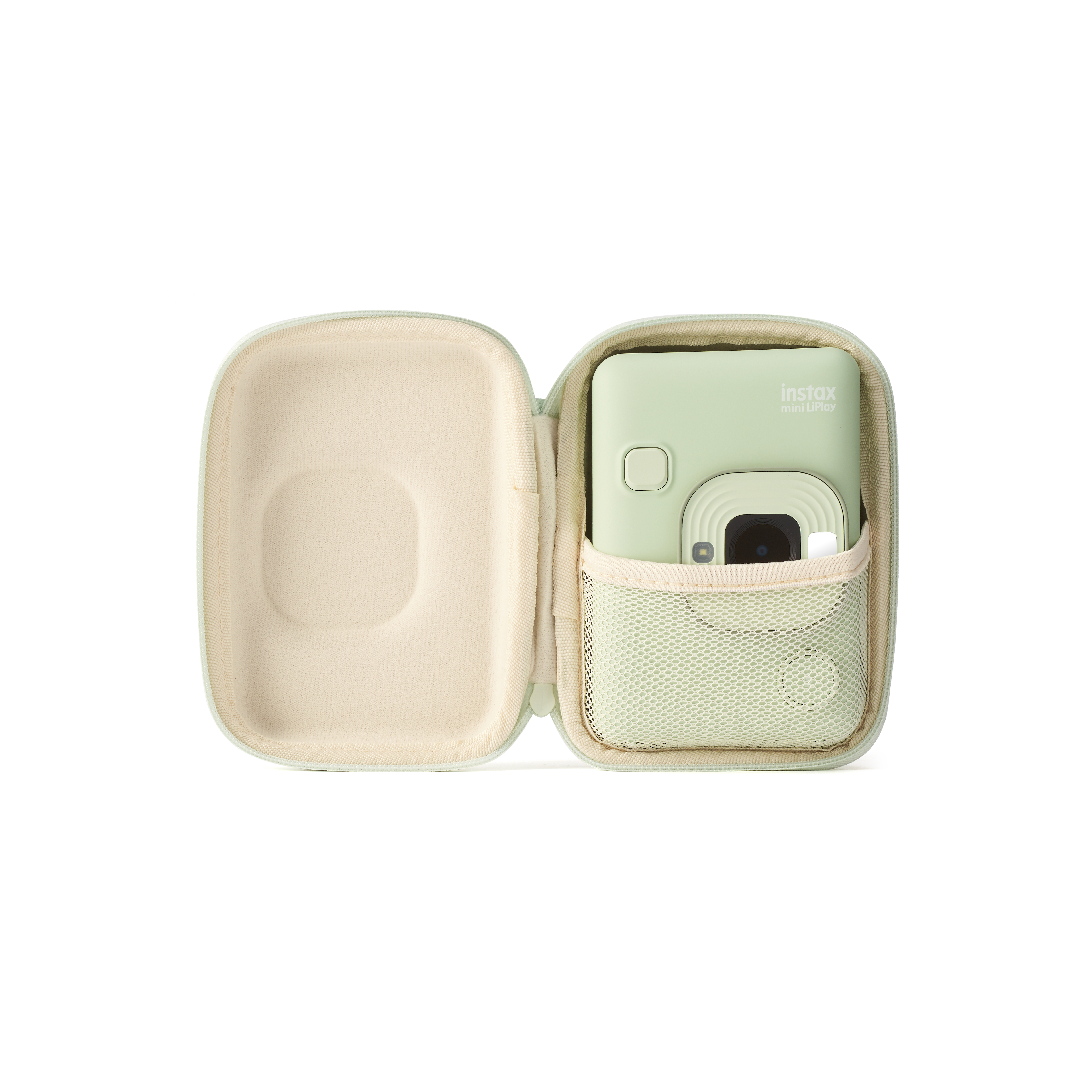 Geöffnete Hülle mit hellgrüner Instax-Kamera und Tasche.