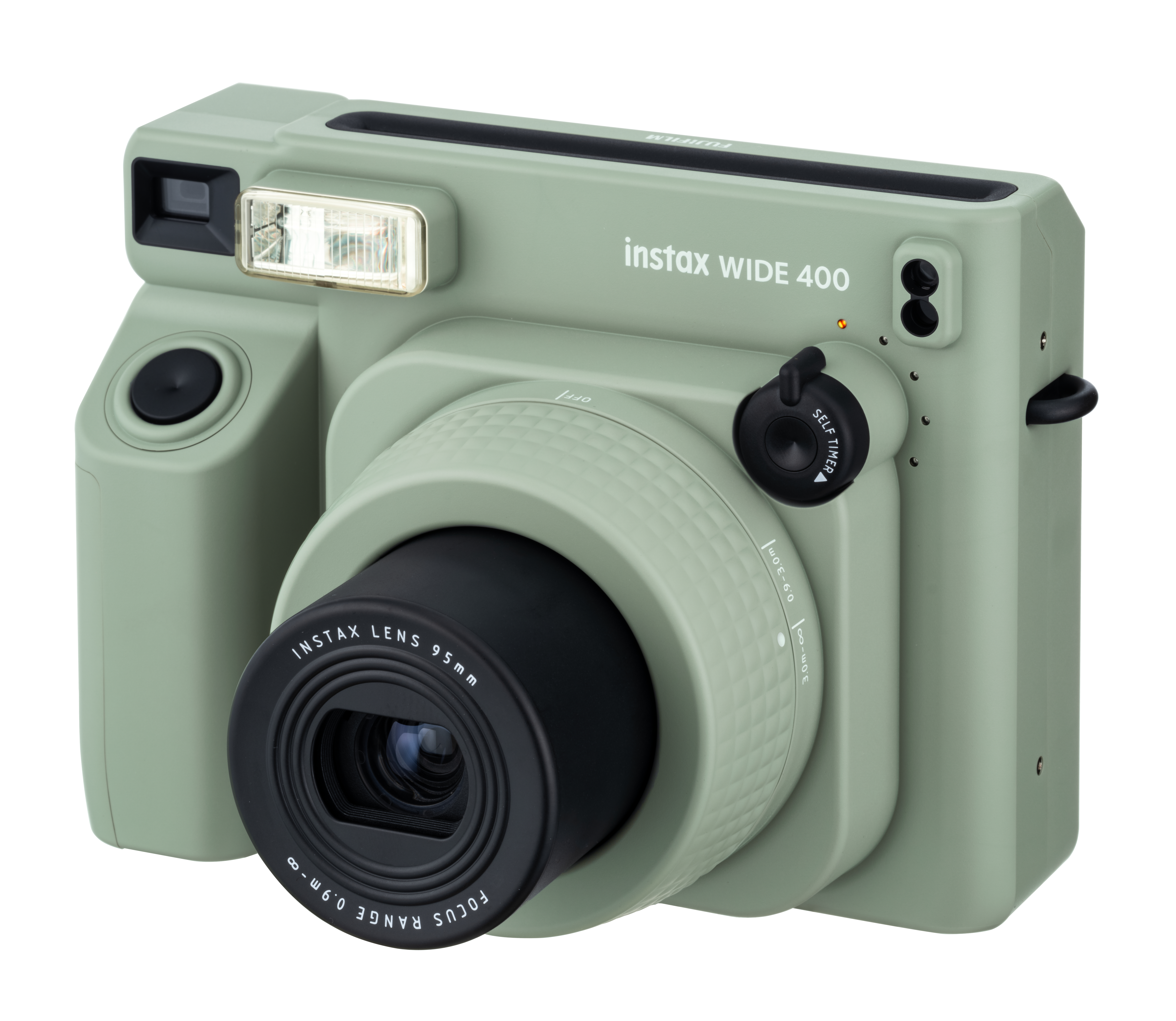 Eine grüne Instax Wide 400 Kamera mit Objektiv, Blitz und verschiedenen Bedienrädern.