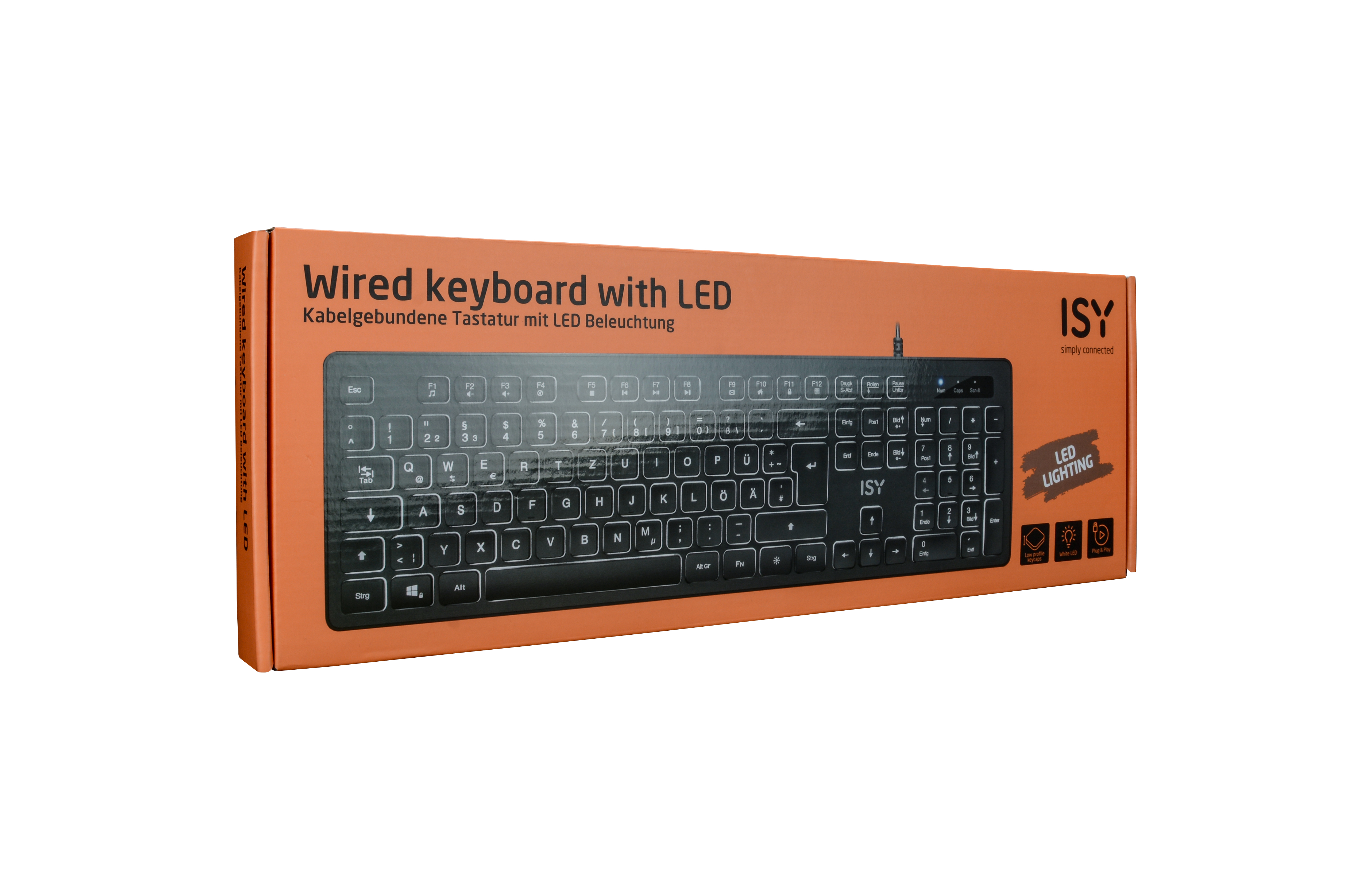 Eine orangefarbene Schachtel mit einer schwarzen Tastatur. Text: Kabelgebundene Tastatur mit LED und ISY-Logo.