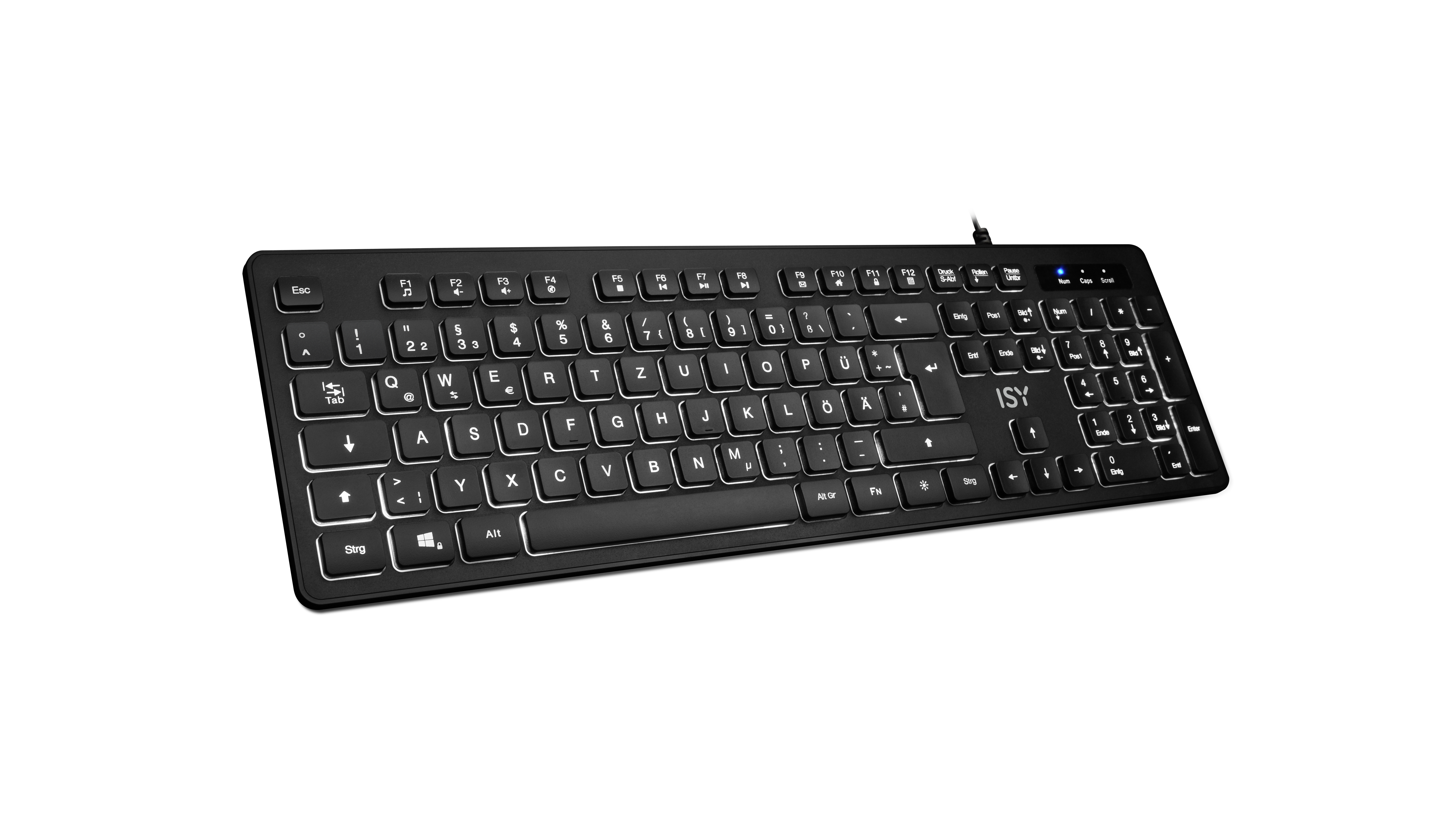Eine schwarze Tastatur mit weißen, hintergrundbeleuchteten Tasten auf weißem Hintergrund.