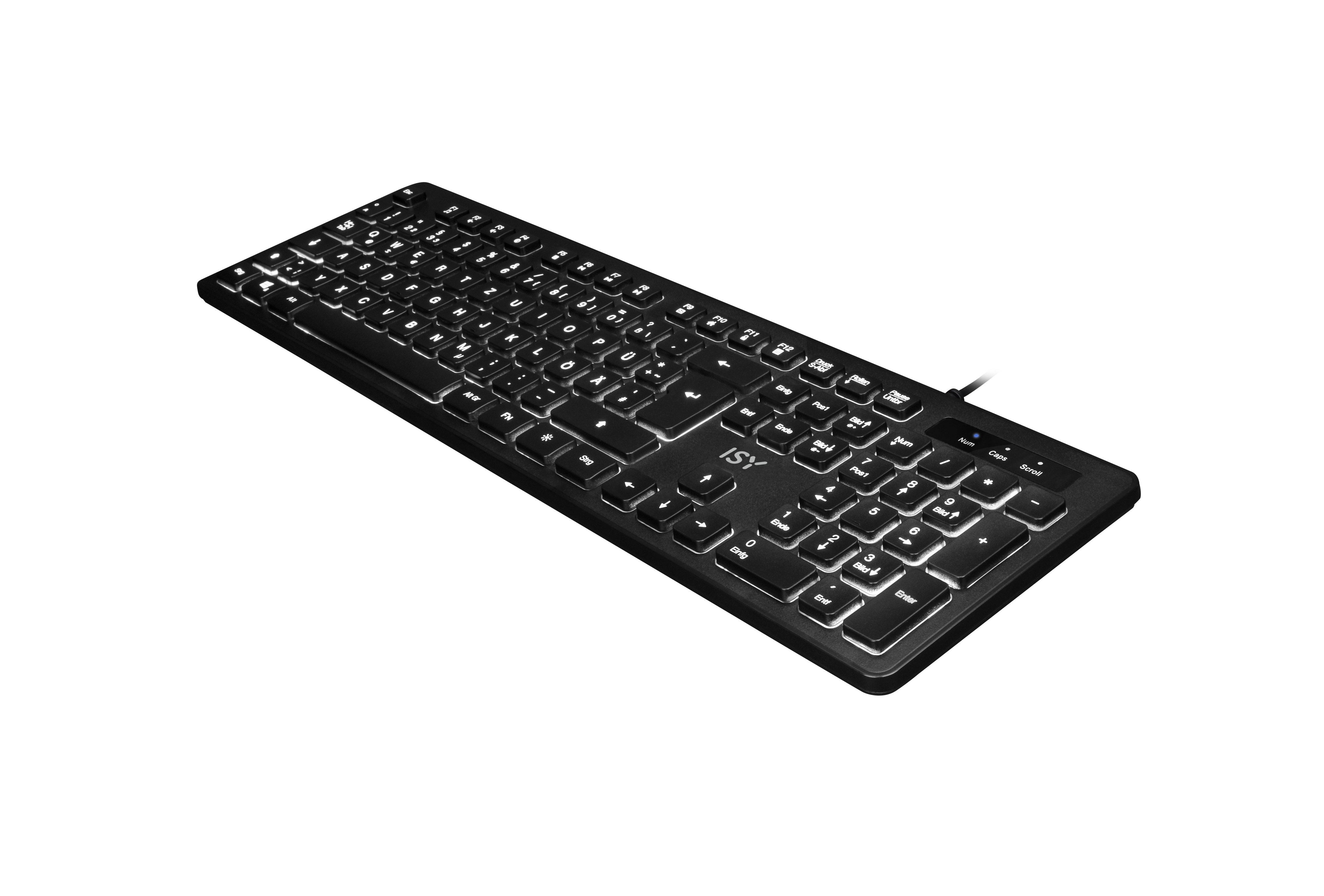 Schwarze, hintergrundbeleuchtete Tastatur auf weißem Hintergrund mit der Marke ISY.