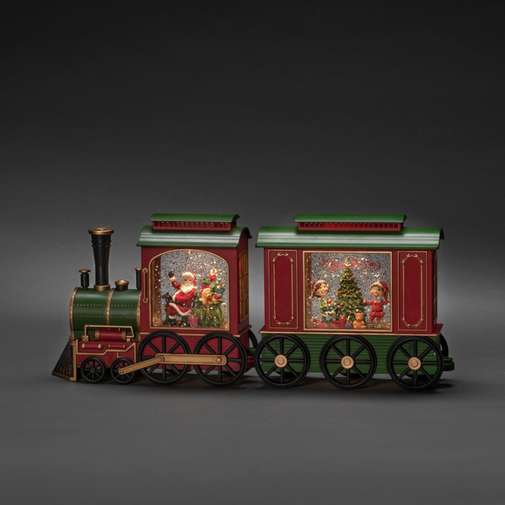 Weihnachtszug-Dekoration: Weihnachtsmann in einem Wagen, Elfen im anderen.