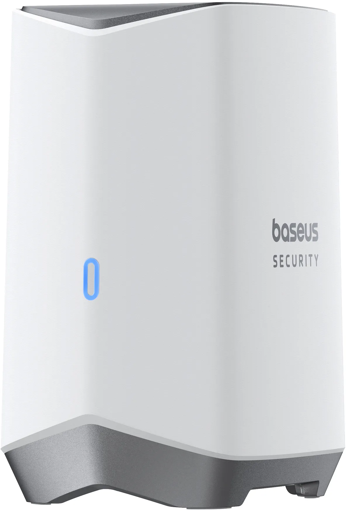 Weißes Baseus-Sicherheitsgerät mit blauem Licht und grauem Sockel. Baseus-Logo sichtbar.