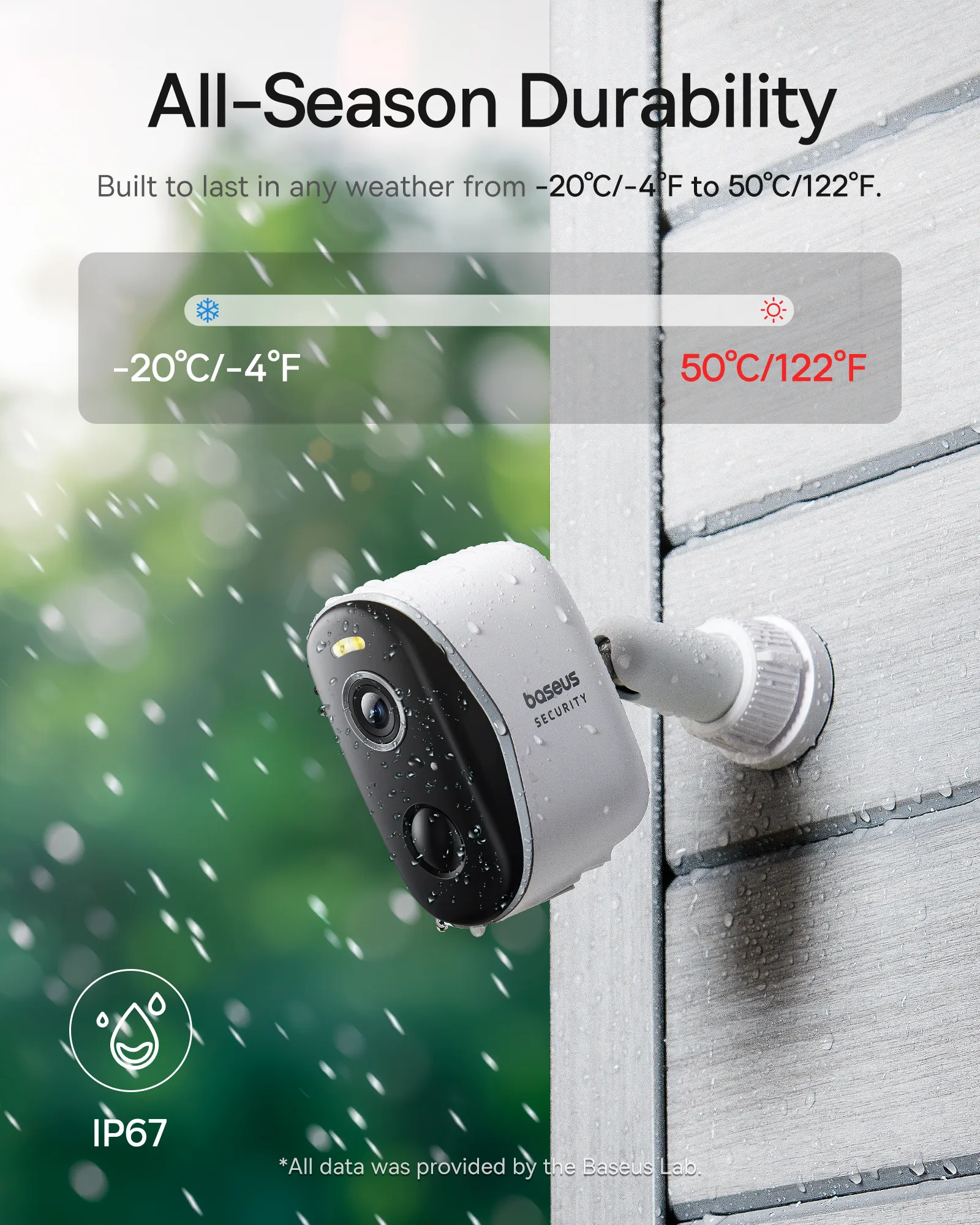 Outdoor-Überwachungskamera mit Temperaturbereich und IP67-Schutzart.