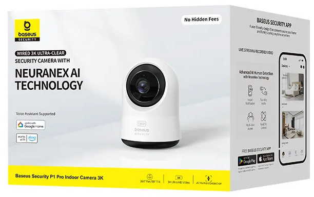 Weiße Kamerabox mit Bild einer Kamera und App. Text enthält 'Wired 3K Ultra-Clear' und 'Baseus Security'.