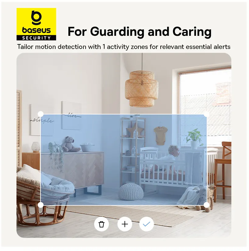 Ein Zimmer mit Baby im Laufstall. Eine Baseus Sicherheitskamera ist im Vordergrund hervorgehoben.