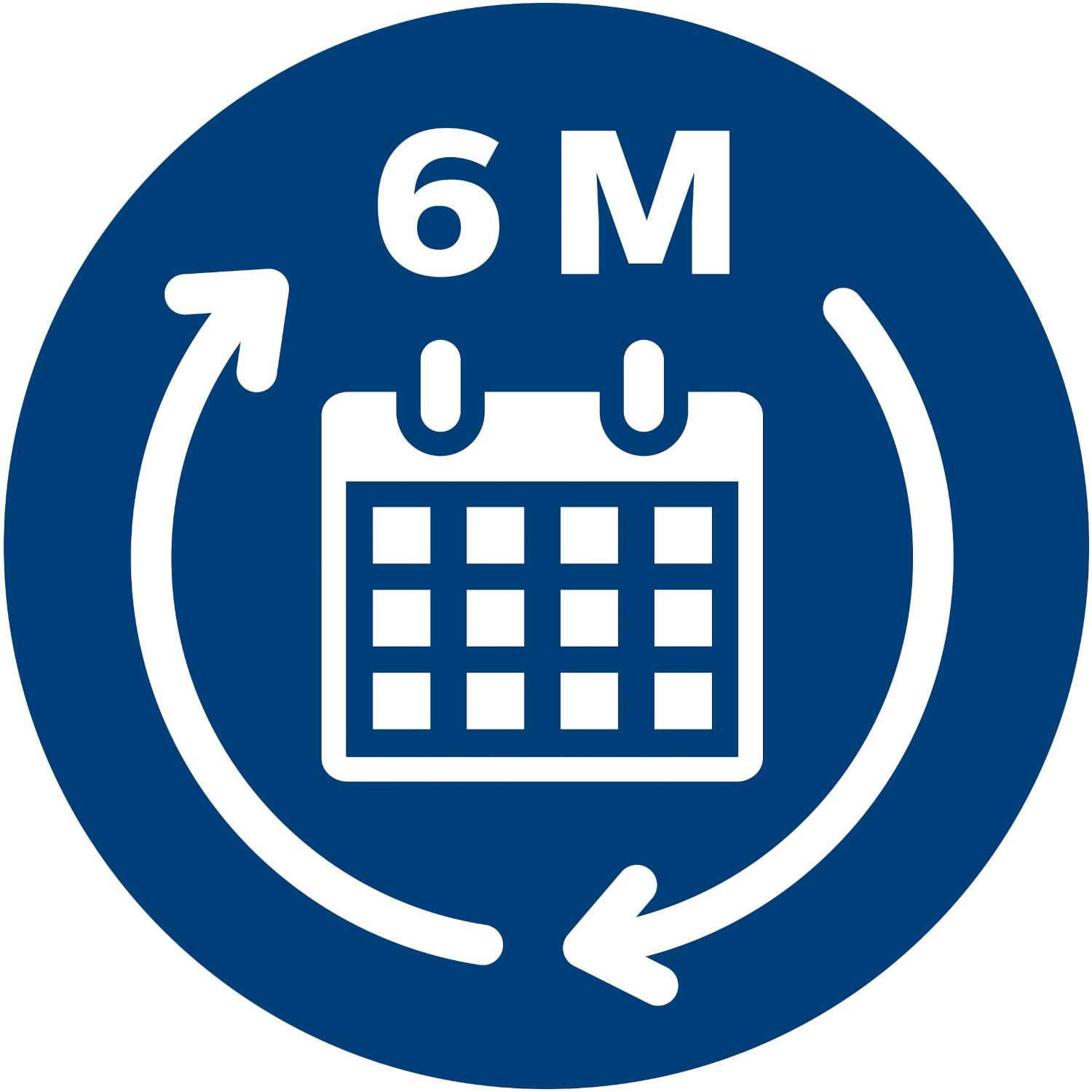 Egy kék kör fehér naptár ikonnal, "6 M" számokkal és két ívelt nyíllal körülötte.