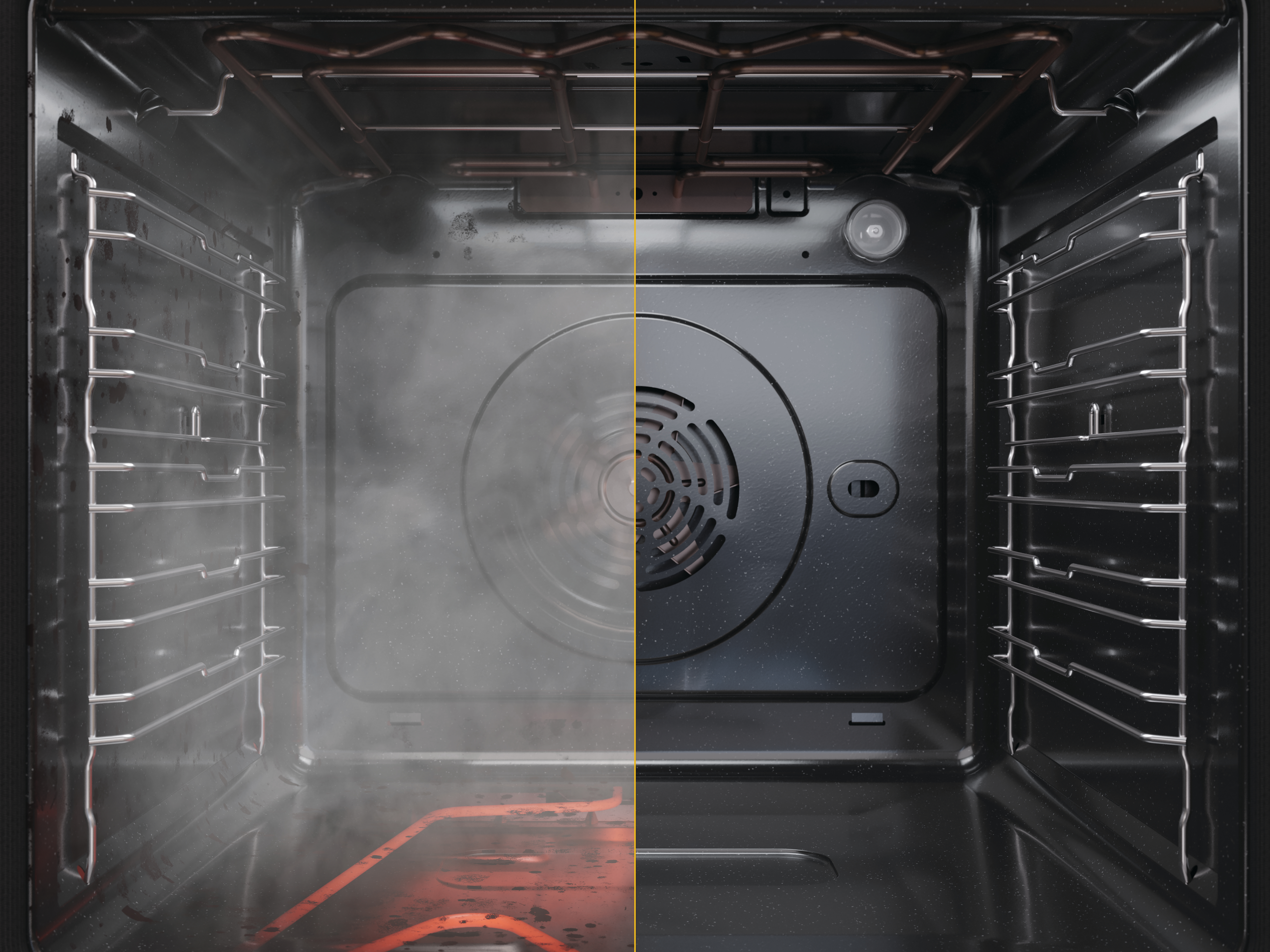 Backofen-Innenraum, mittig geteilt, eine Seite dampfig, eine sauber, mit Rosten und Innenbeleuchtung.