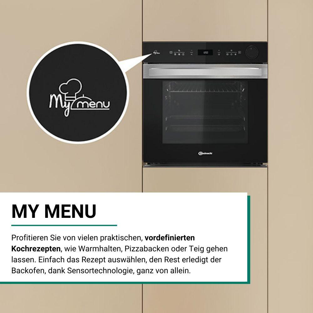 Schwarzer Ofen mit My Menu-Etikett, Text, der Funktionen beschreibt, beiger Hintergrund.