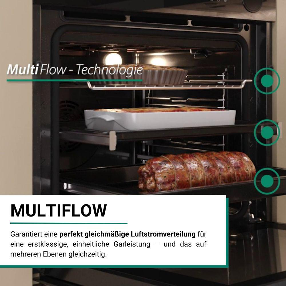 Ein Backofeninnenraum mit Speisen auf mehreren Ebenen. Ein Text-Overlay zeigt 'MultiFlow' und 'MultiFlow Technologie'.