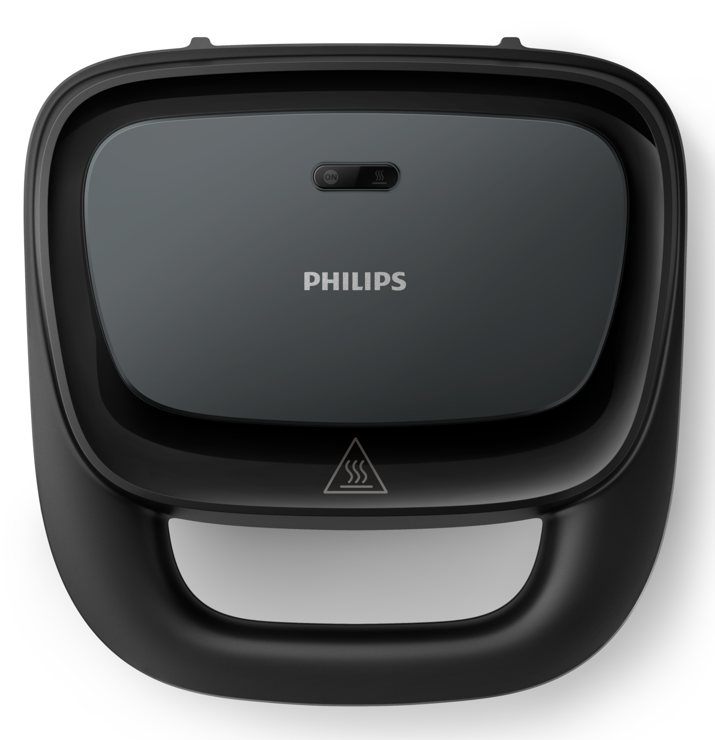 Egy fekete Philips szendvicssütő felülről. Van egy fogantyúja, és látható a Philips logó.