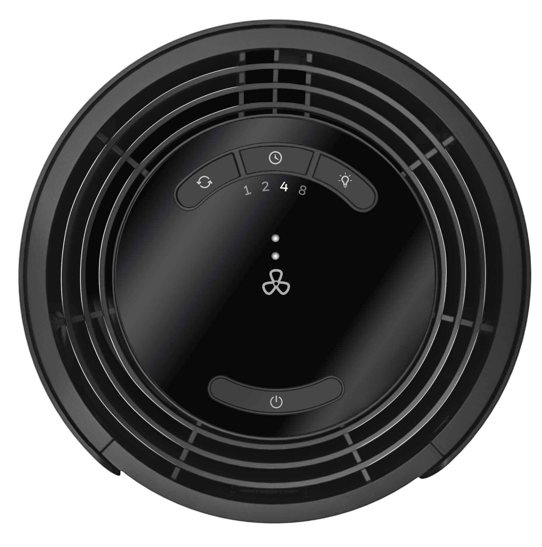 Widok z góry na czarny wentylator z przyciskami sterowania i białym tłem.