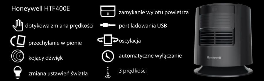 Czarny grzejnik Honeywell z panelem sterowania i ikonami, w tym ustawieniami temperatury.