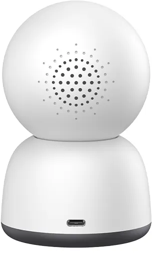Eine weiße, abgerundete Smart-Home-Kamera mit Lautsprecher und USB-Anschluss.