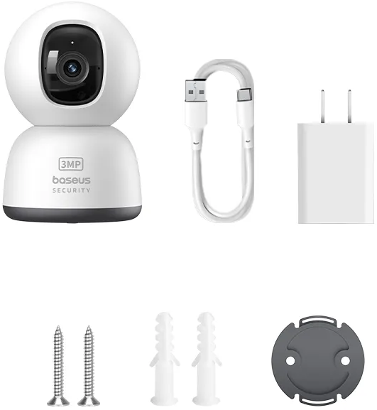 Eine Überwachungskamera und ihr Zubehör, einschließlich Ladekabel und Netzteil.