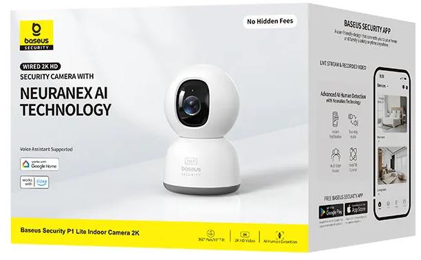 Eine weiße Box mit einer Sicherheitskamera, einem Telefon, das eine App zeigt, und Text. Auf der Box steht 'BASEUS SECURITY'.