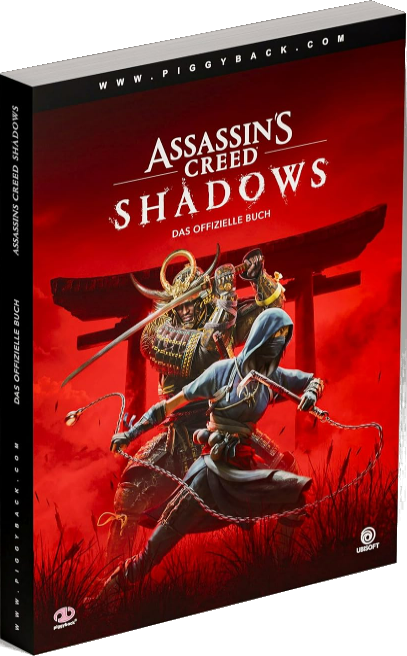 Buchcover von 'Assassin's Creed Shadows' mit Samurai- und Ninja-Figuren und rotem Hintergrund.